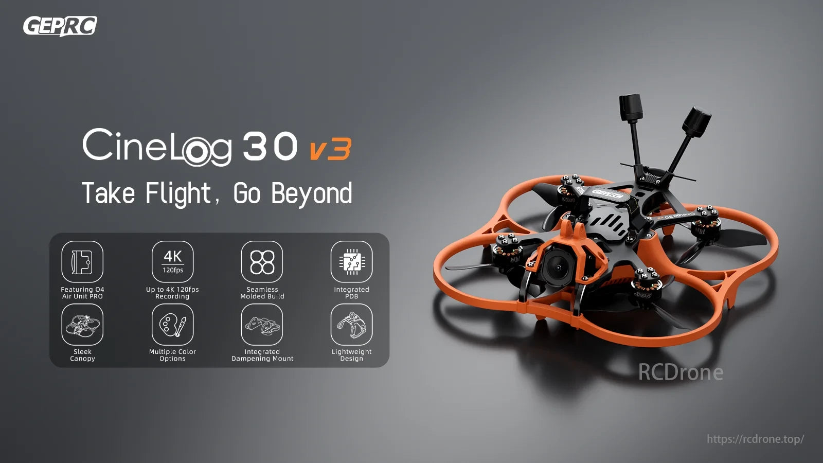 GEPRC Cinelog30 V3 FPV, CineLog 30 v3 drone features 4K recording, integrated PDB, damping mount, lightweight design, and multiple colors. Ideal for seamless aerial photography.