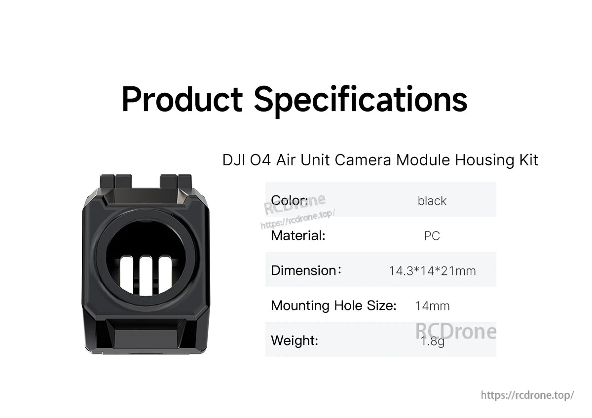 GEPRC DJI O4 Air Unit camera module housing kit in black PC, 14mm mounting hole, 14.3×14×21mm, 1.8g