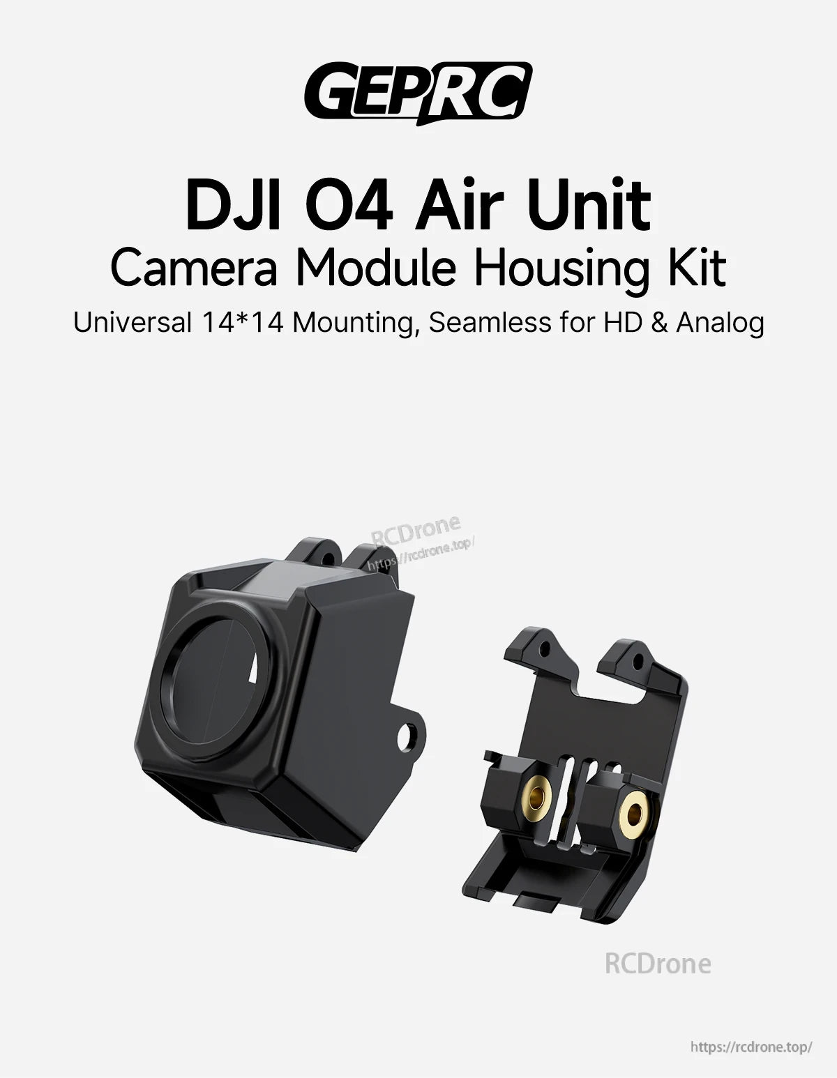 GEPRC DJI O4 Air Unit camera module housing kit in black, with 14x14 mounting bracket and front camera shell