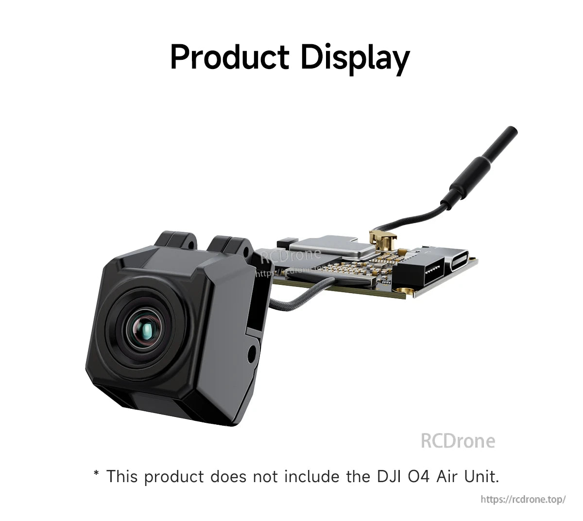Black GEPRC DJI O4 Air Unit camera module housing with lens, connected cable, and PCB with USB‑C port