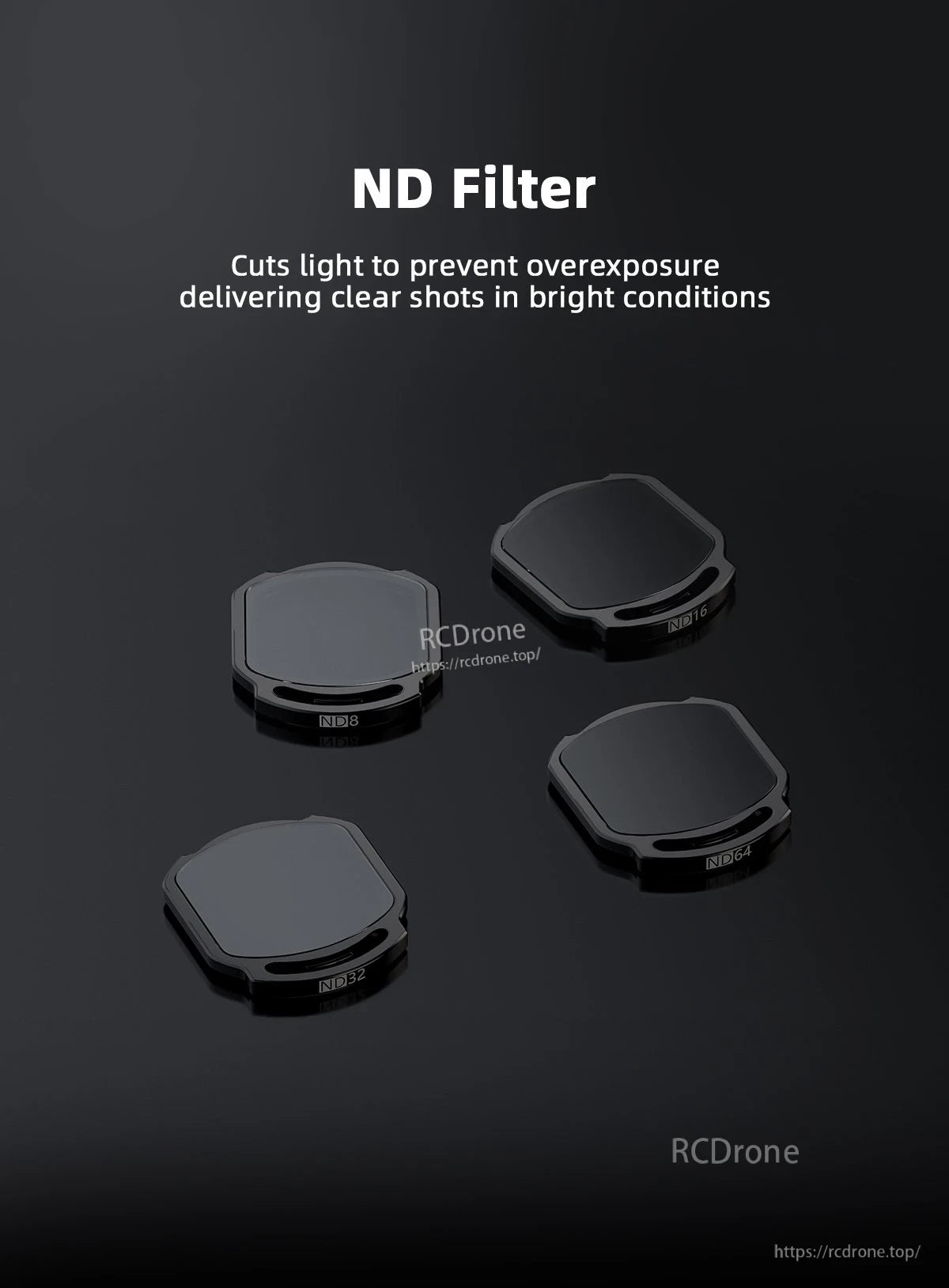 GEPRC Upgraded DJI O4 Air Unit Pro Filter, ND filters (ND8–ND64) reduce light to prevent overexposure and ensure sharp images in bright conditions.