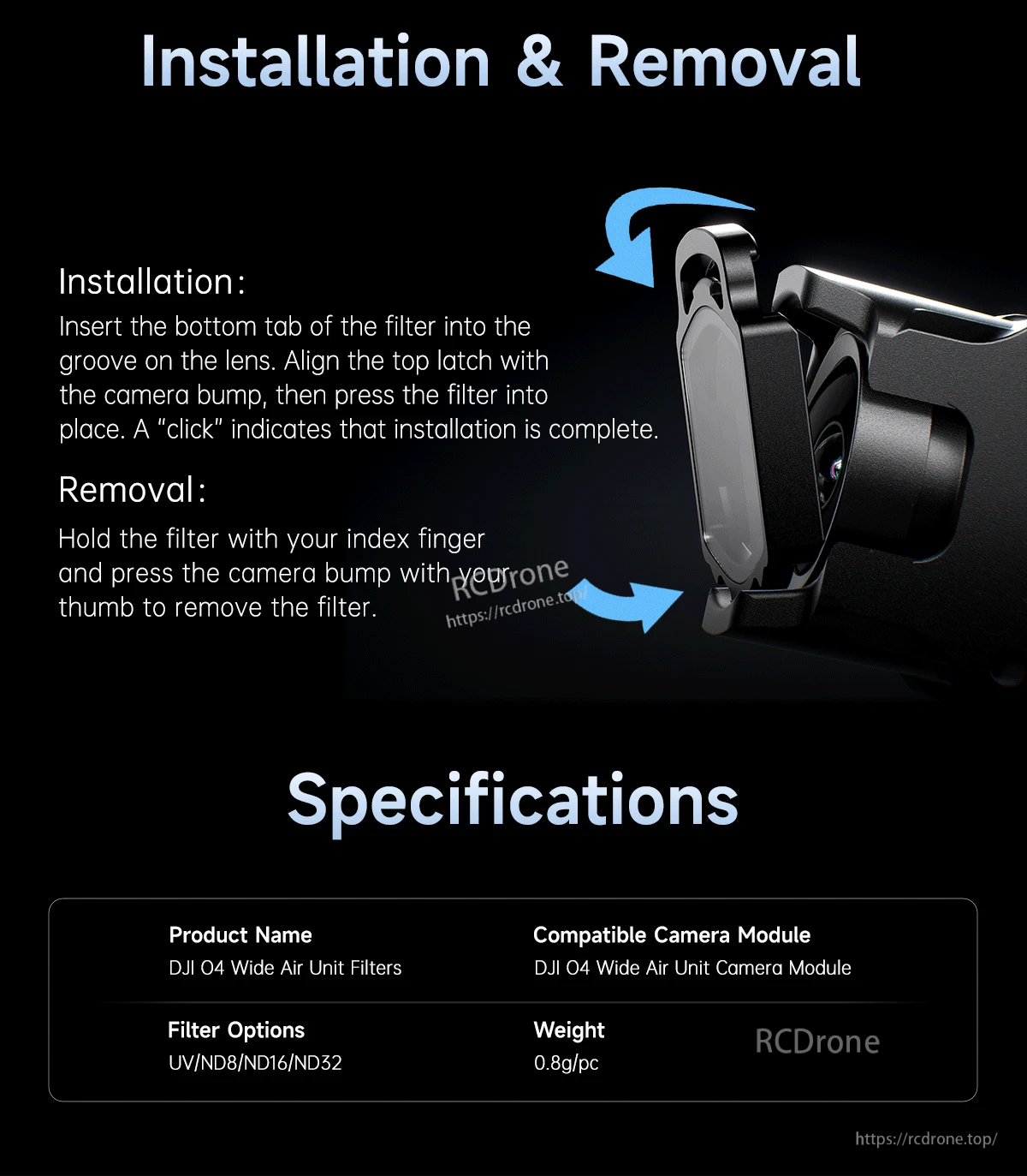 Filter installation and removal steps on the DJI O4 Wide Air Unit camera