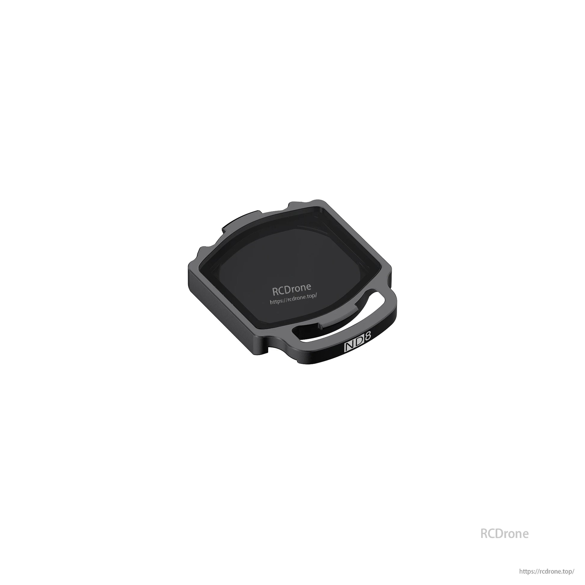 Angled close-up of ND8 lens filter with black frame and lower pull tab