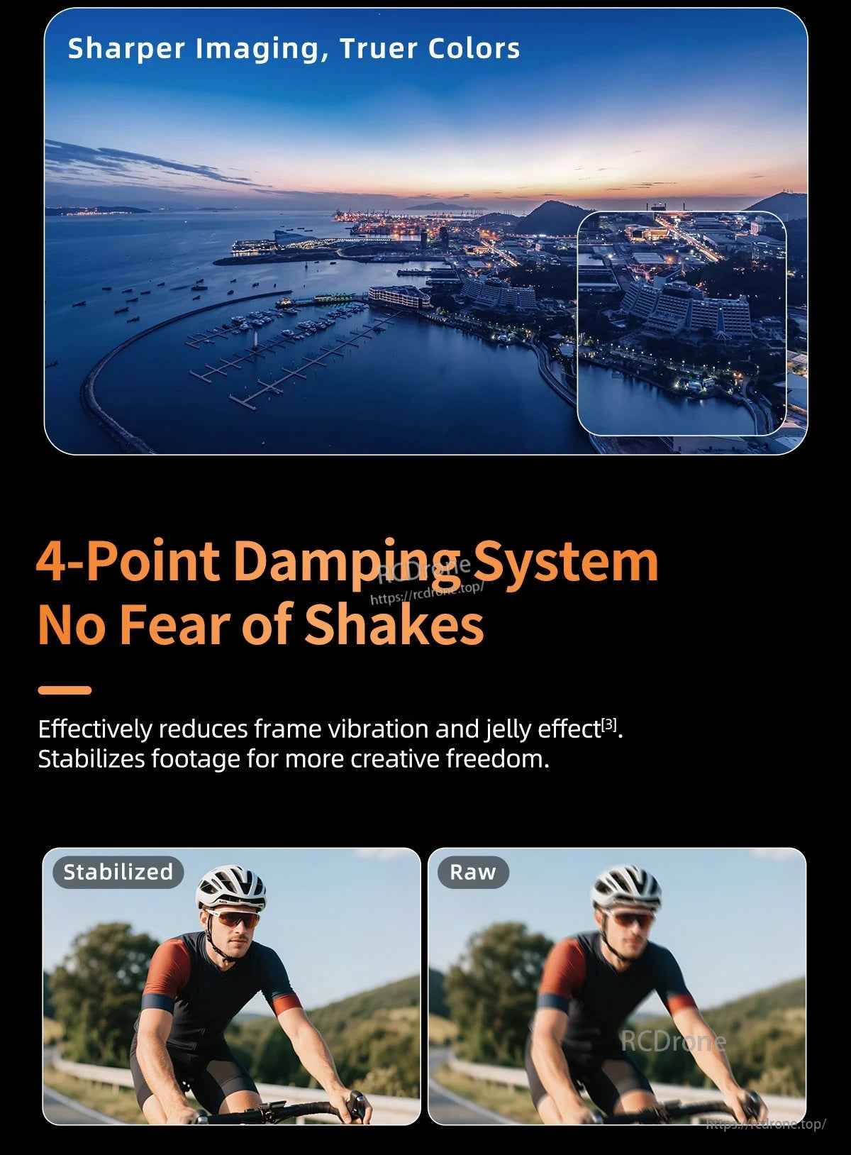 GEPRC DarkStar16 O4 Pro TinyWhoop FPV, Enhanced true-color imaging with 4-point damping stabilizes footage, reducing shakes and jelly effect for greater creative freedom.