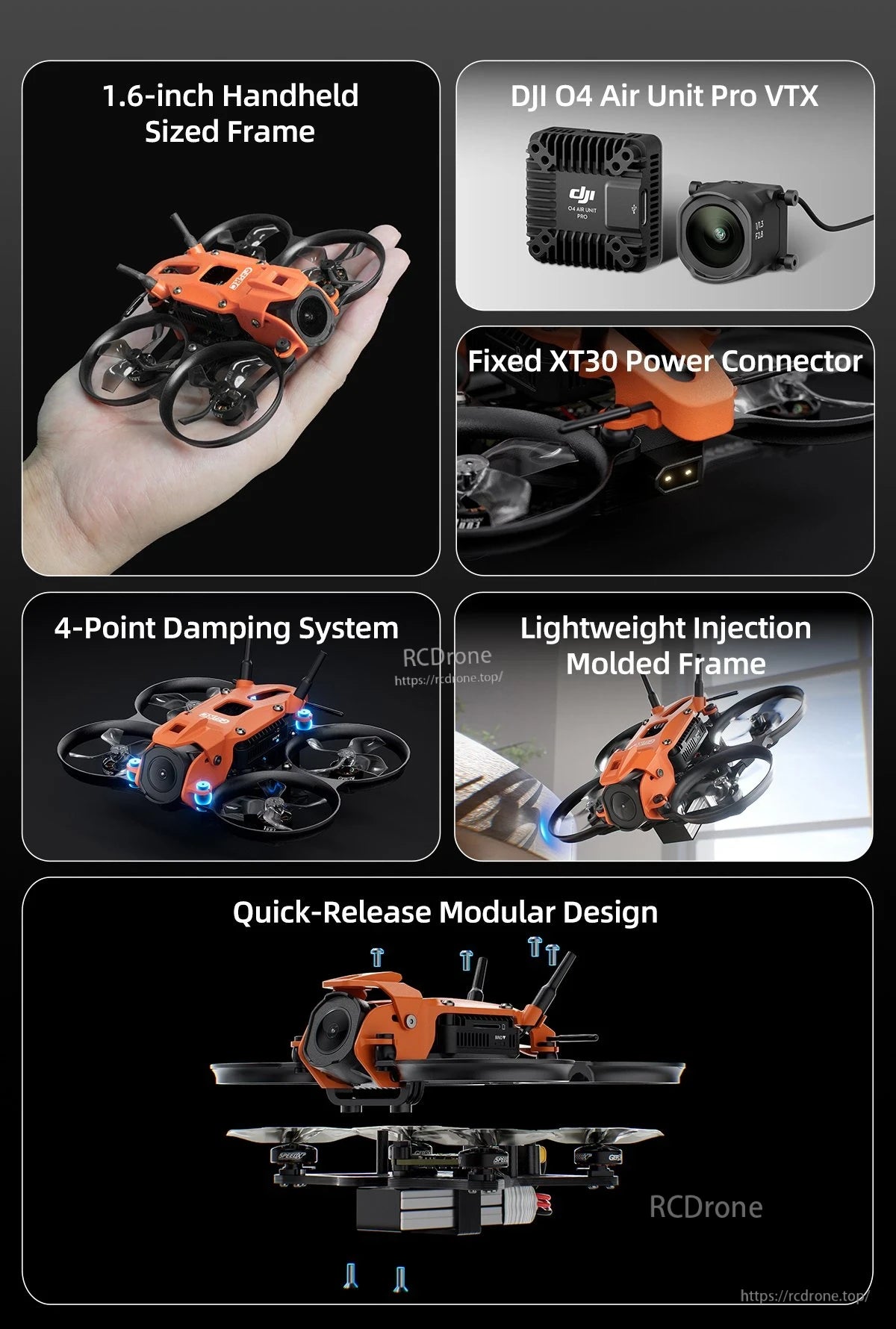 GEPRC DarkStar16 O4 Pro TinyWhoop FPV, Compact 1.6-inch FPV drone with DJI O4 VTX, modular design, damping, lightweight frame, and XT30 connector for agile flight.