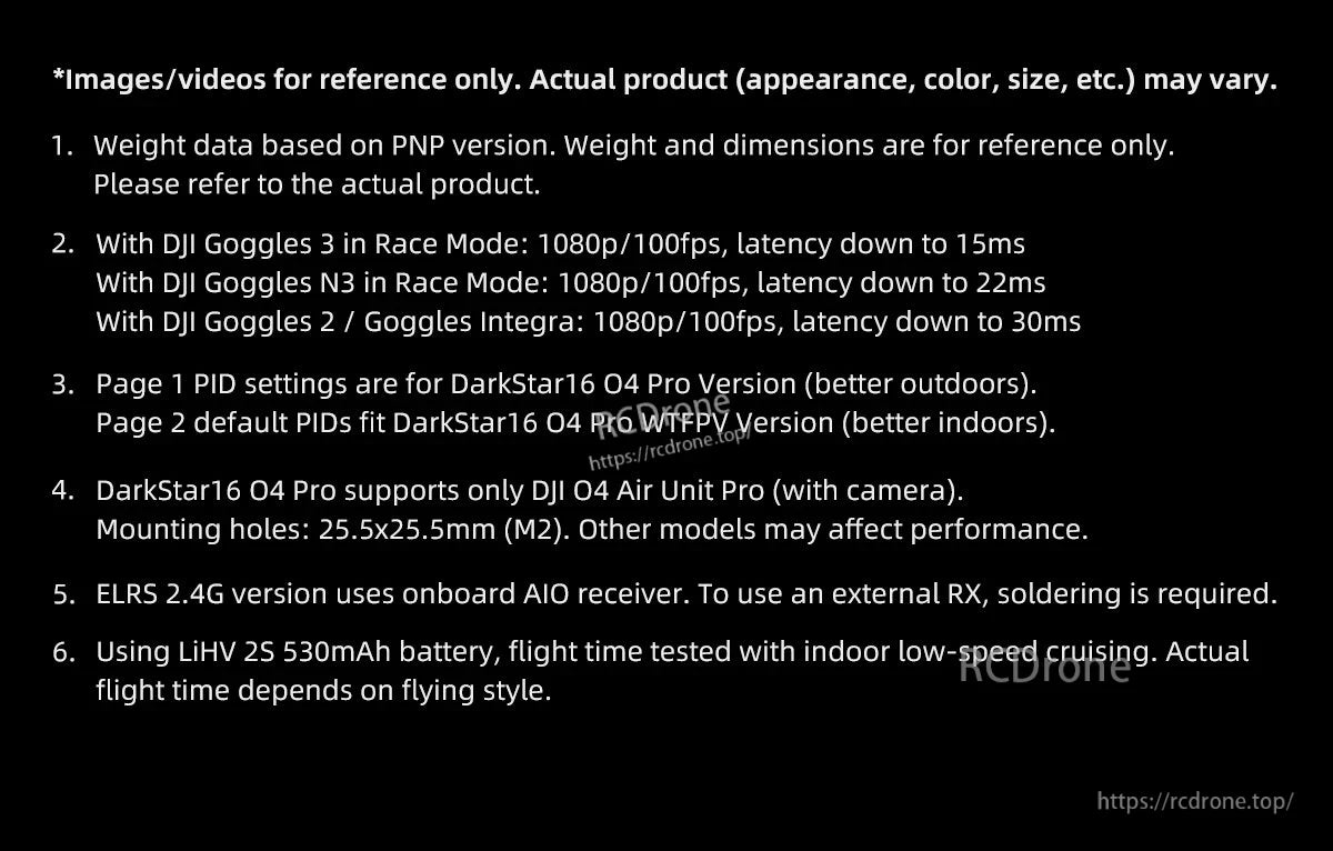 GEPRC DarkStar16 O4 Pro TinyWhoop FPV, Specs vary; weight/dimensions approximate. Latency depends on goggles. PID optimized for indoor/outdoor. Compatible with DJI O4 Air Unit Pro. ELRS 2.4G needs soldering. Flight time varies by style.