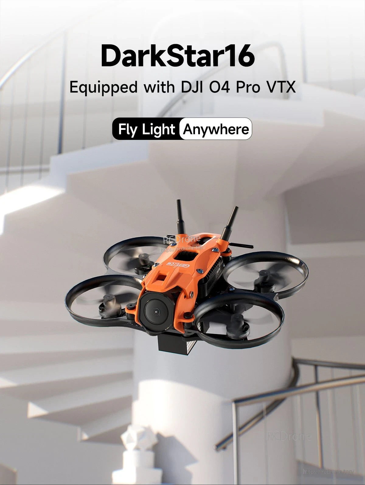 GEPRC DarkStar16 O4 Pro WTFPV, DarkStar16 drone features DJI O4 Pro VTX, orange frame, prop guards, and is designed for lightweight indoor flight.