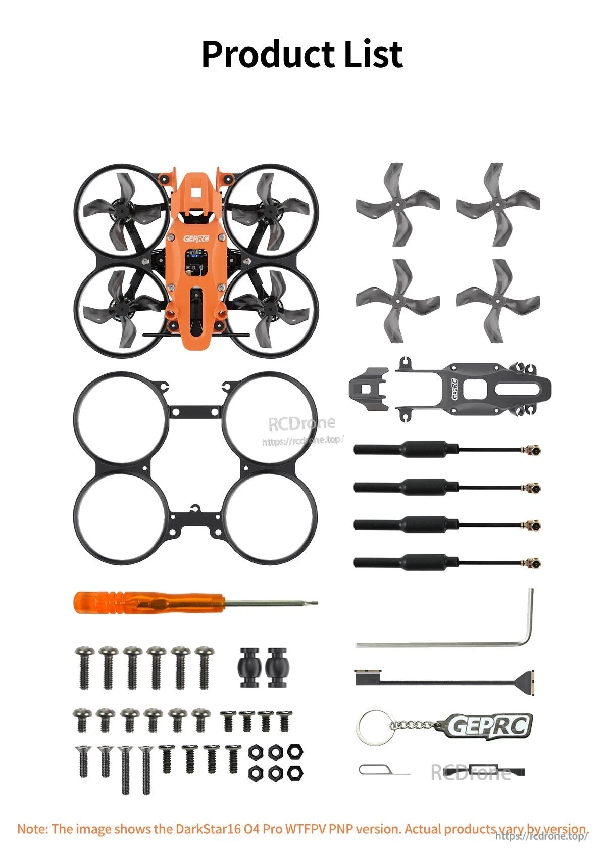 GEPRC DarkStar16 O4 Pro WTFPV PNP includes frame, props, antennas, tools, screws, keychain; contents vary by version.