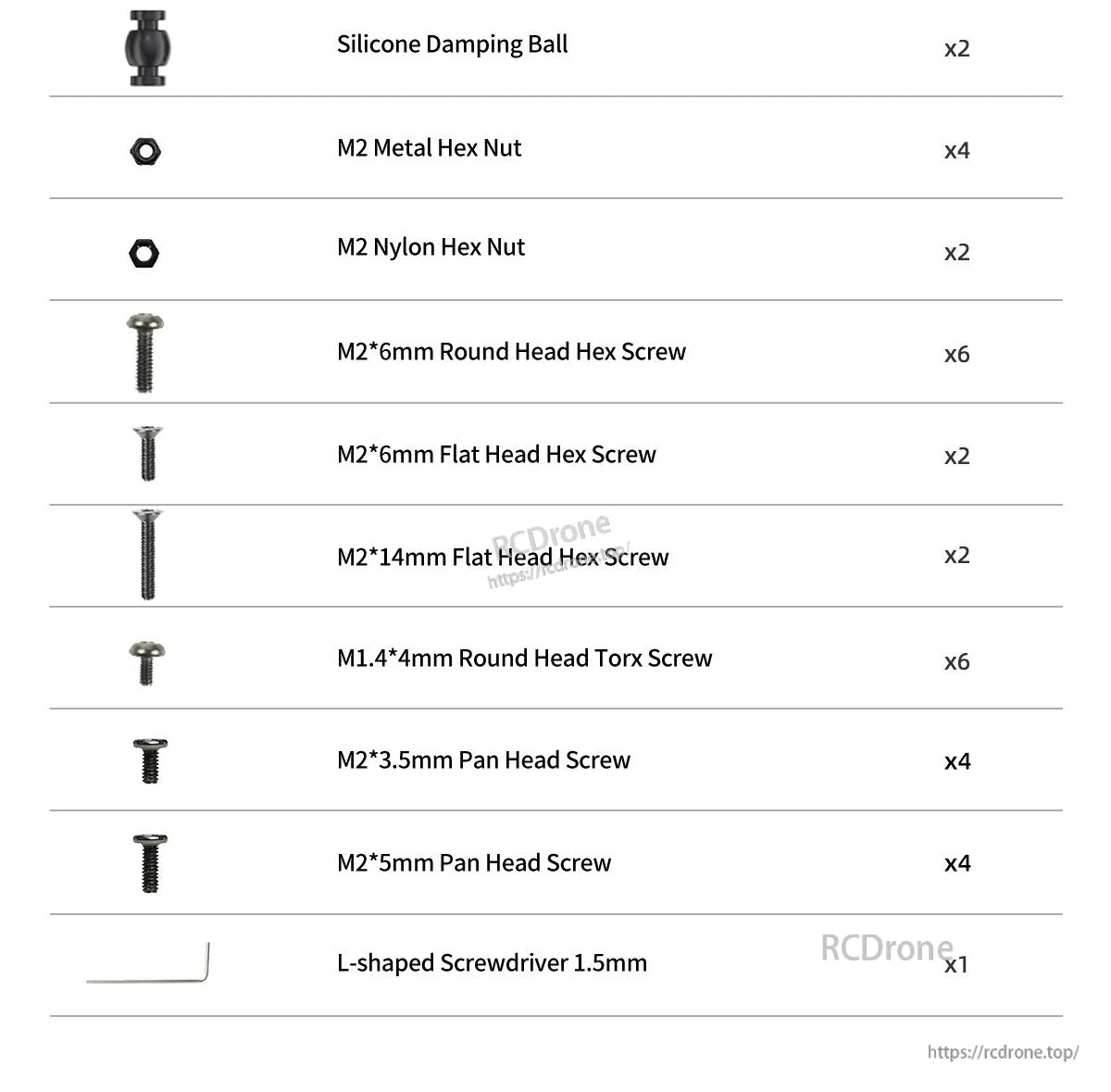 GEPRC DarkStar16 O4 Pro WTFPV, Parts list includes specified quantities of screws, nuts, damping balls, and an L-shaped screwdriver for assembly.
