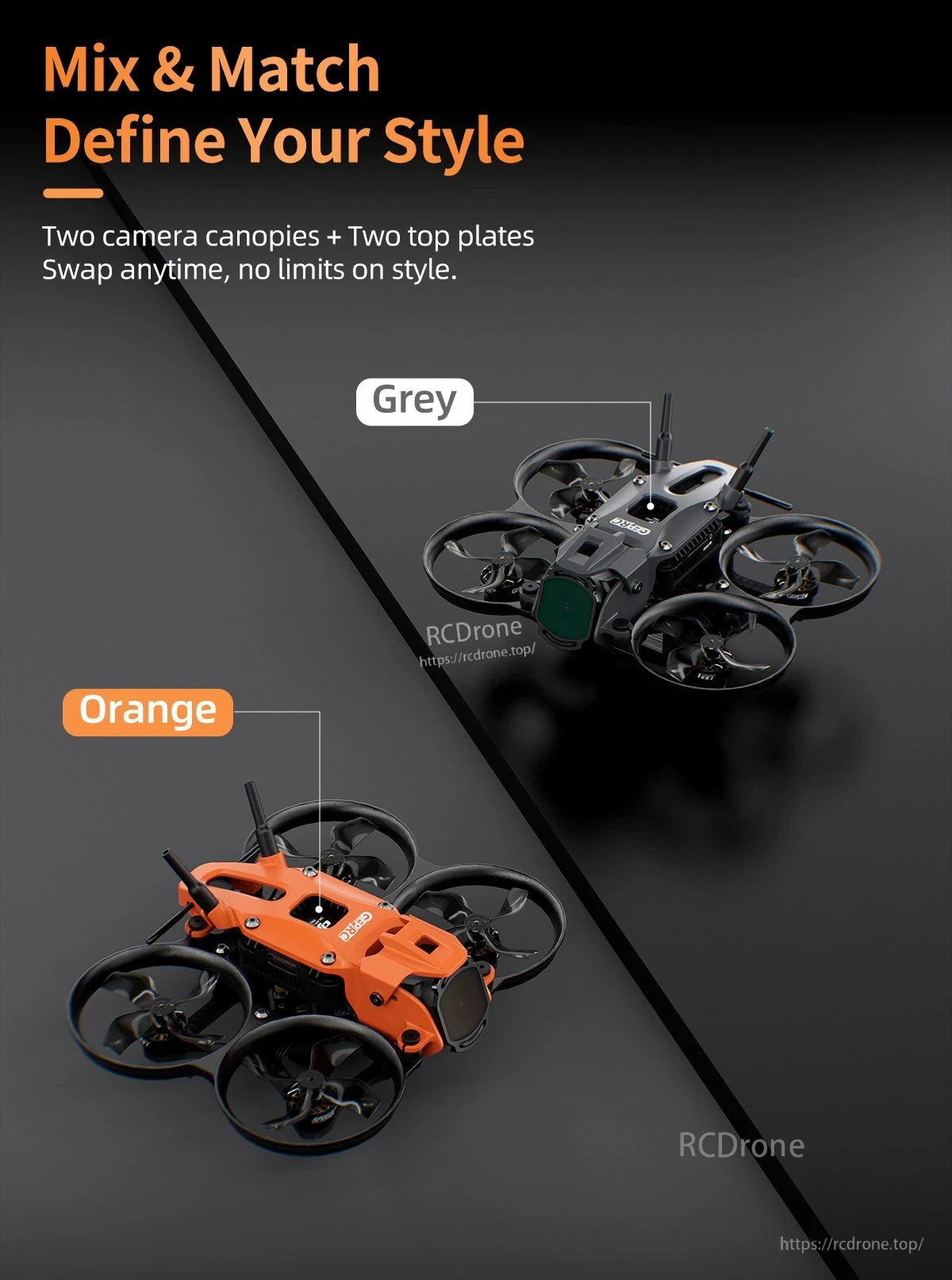 GEPRC DarkStar16 O4 Pro WTFPV, Customize drone style with interchangeable camera canopies and top plates.