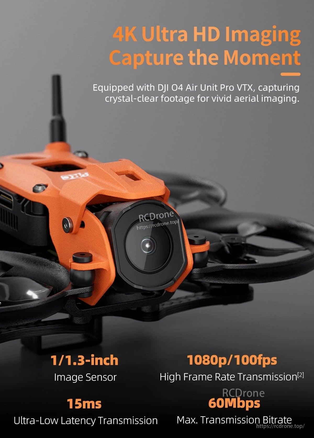 GEPRC DarkStar16 O4 Pro WTFPV, 4K drone with DJI O4 Air Unit Pro, 1/1.3" sensor, 1080p/100fps, 15ms latency, and 60Mbps for vivid aerial footage.