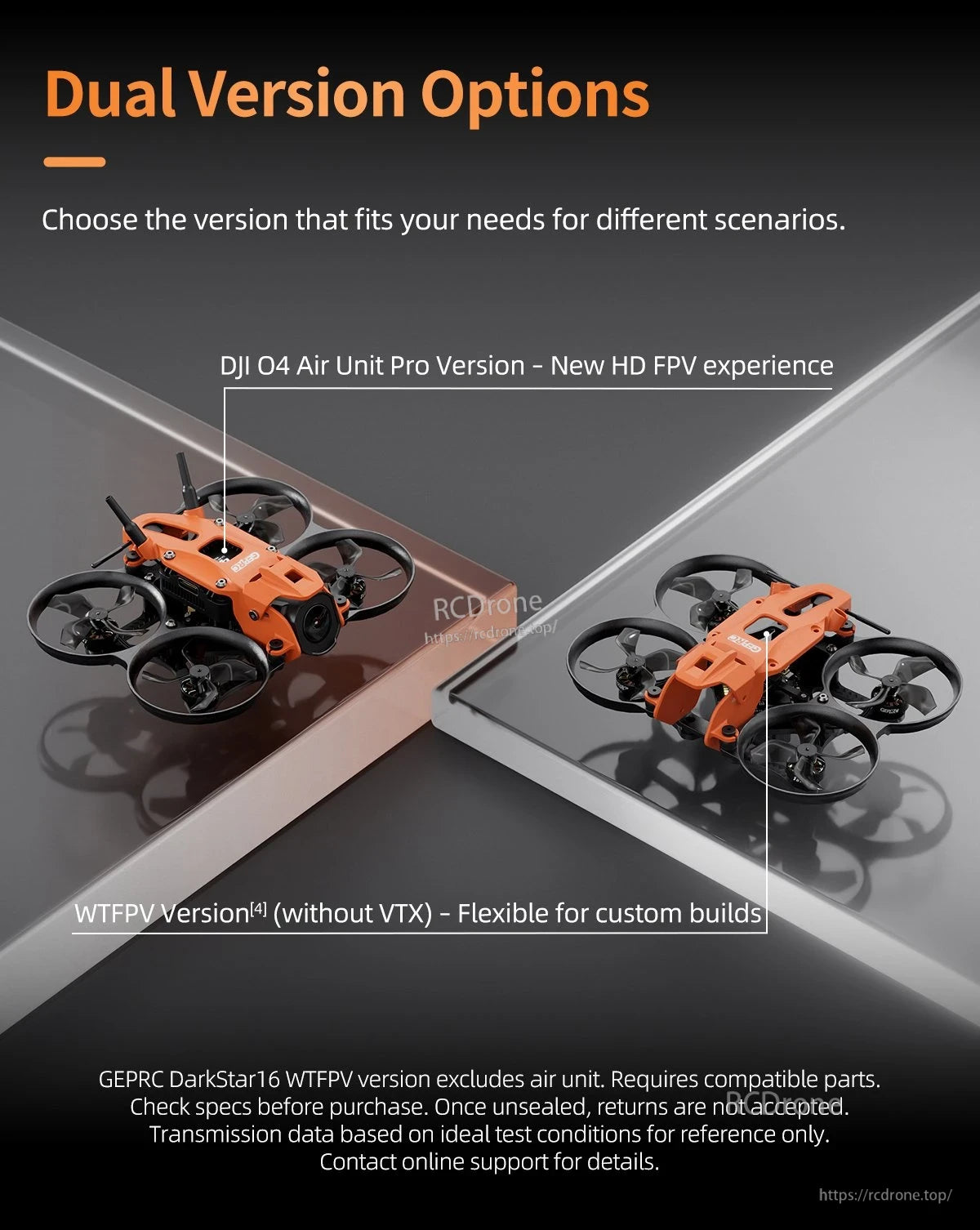 GEPRC DarkStar16 O4 Pro WTFPV, Choose DJI O4 Air Unit Pro for HD FPV or WTFPV (no VTX) for custom builds; verify compatibility and specs before buying.