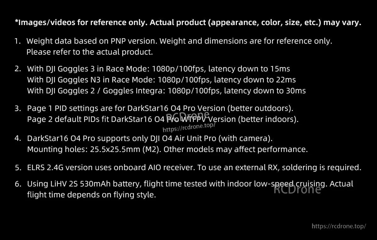 GEPRC DarkStar16 O4 Pro WTFPV, Specs vary; latency depends on goggles; PID tuned for indoor/outdoor; compatible with DJI O4 Air Unit Pro; ELRS needs soldering; flight time varies by style.