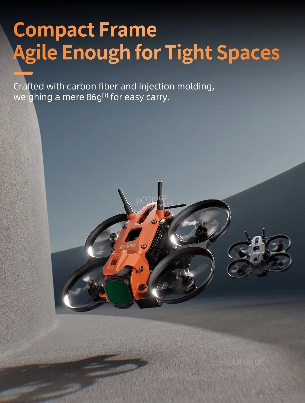 GEPRC DarkStar16 O4 Pro WTFPV, Compact carbon fiber drone, agile, lightweight 86g, ideal for tight spaces.