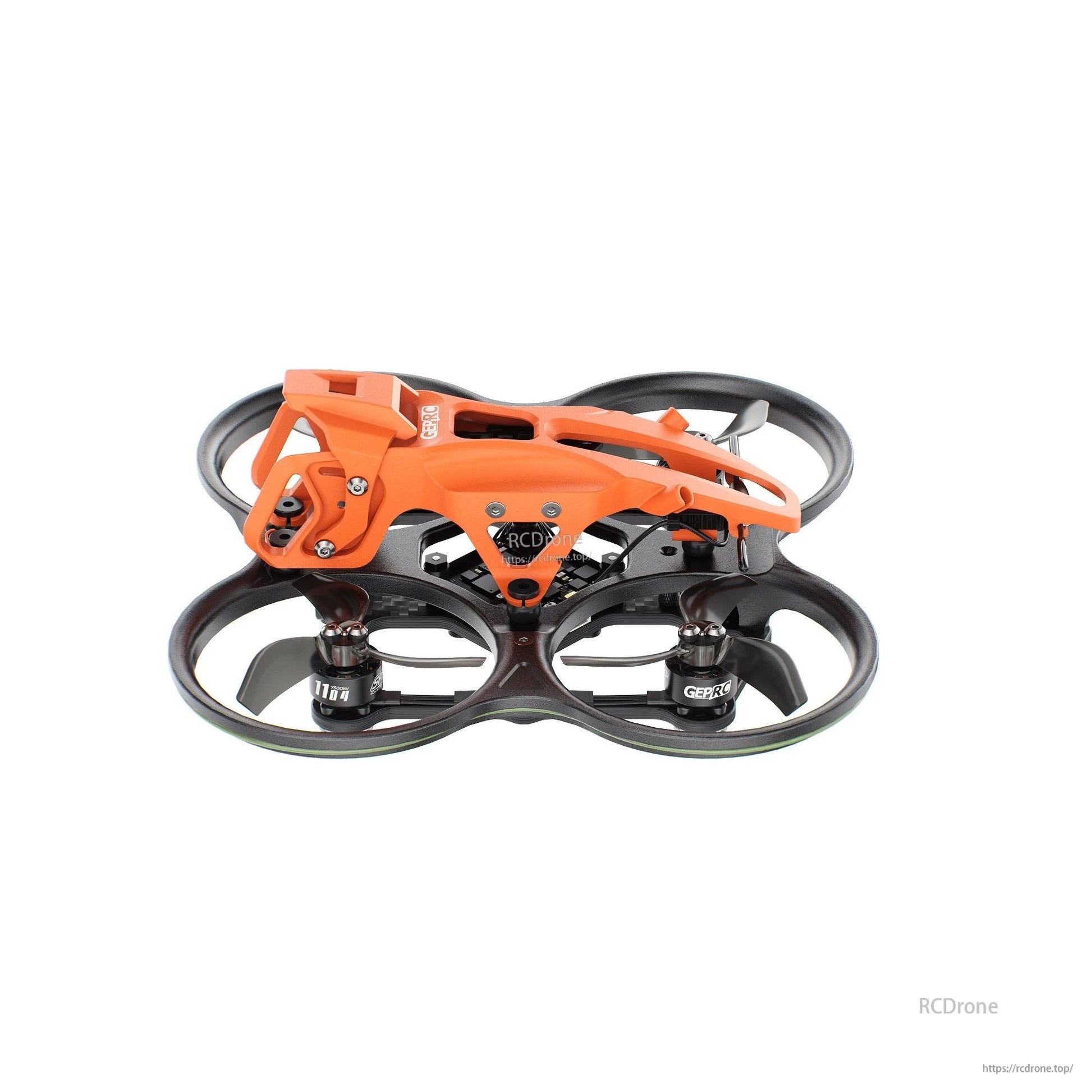 GEPRC DarkStar22 WTFPV, Orange and black GEPRC DarkStar22 CineWhoop drone equipped with 1104 motors.