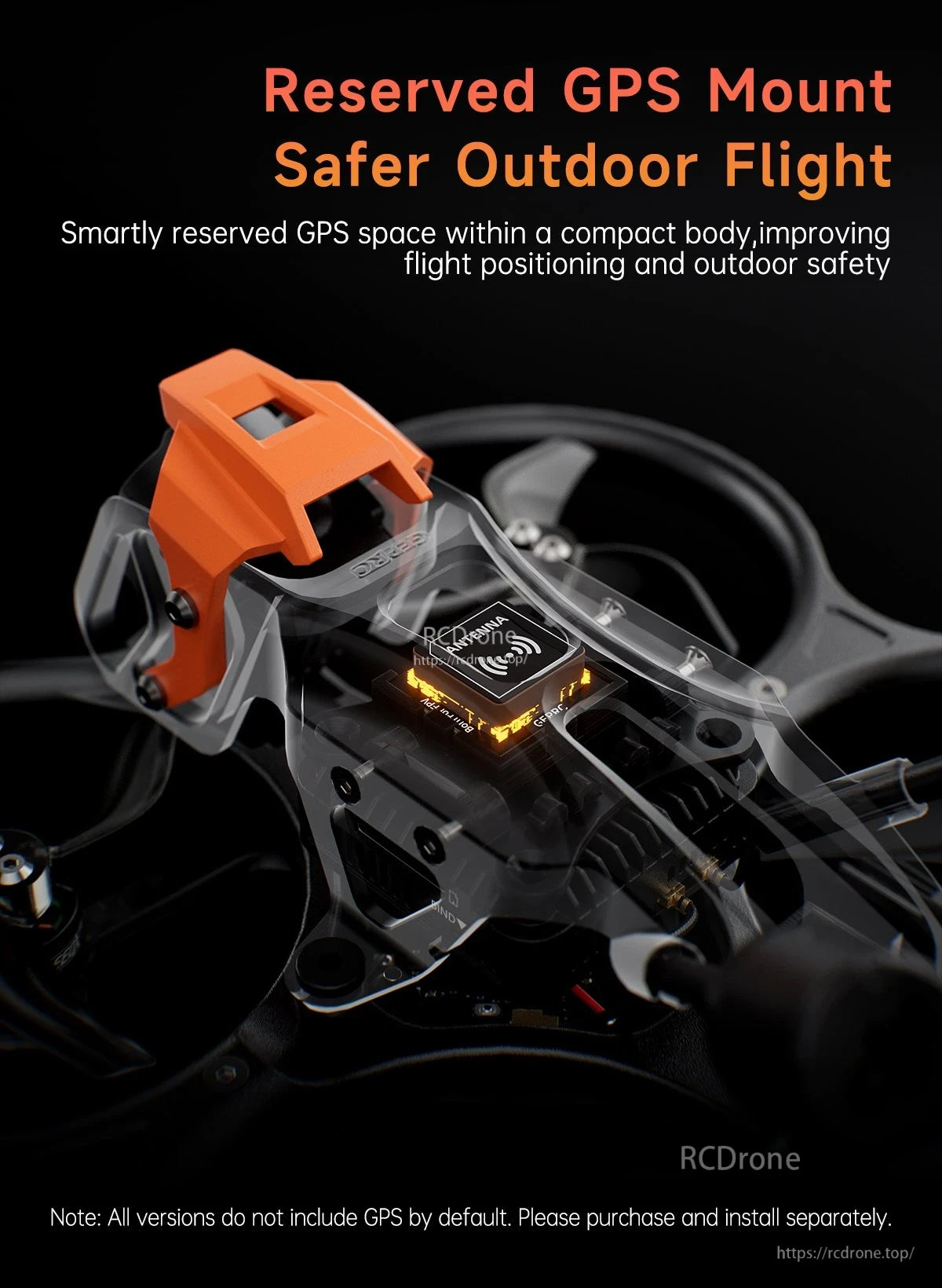 GEPRC DarkStar22 O4 Pro CineWhoop FPV, Reserved GPS mount boosts outdoor safety; compact design aids positioning. GPS sold separately; orange part visible on transparent drone.