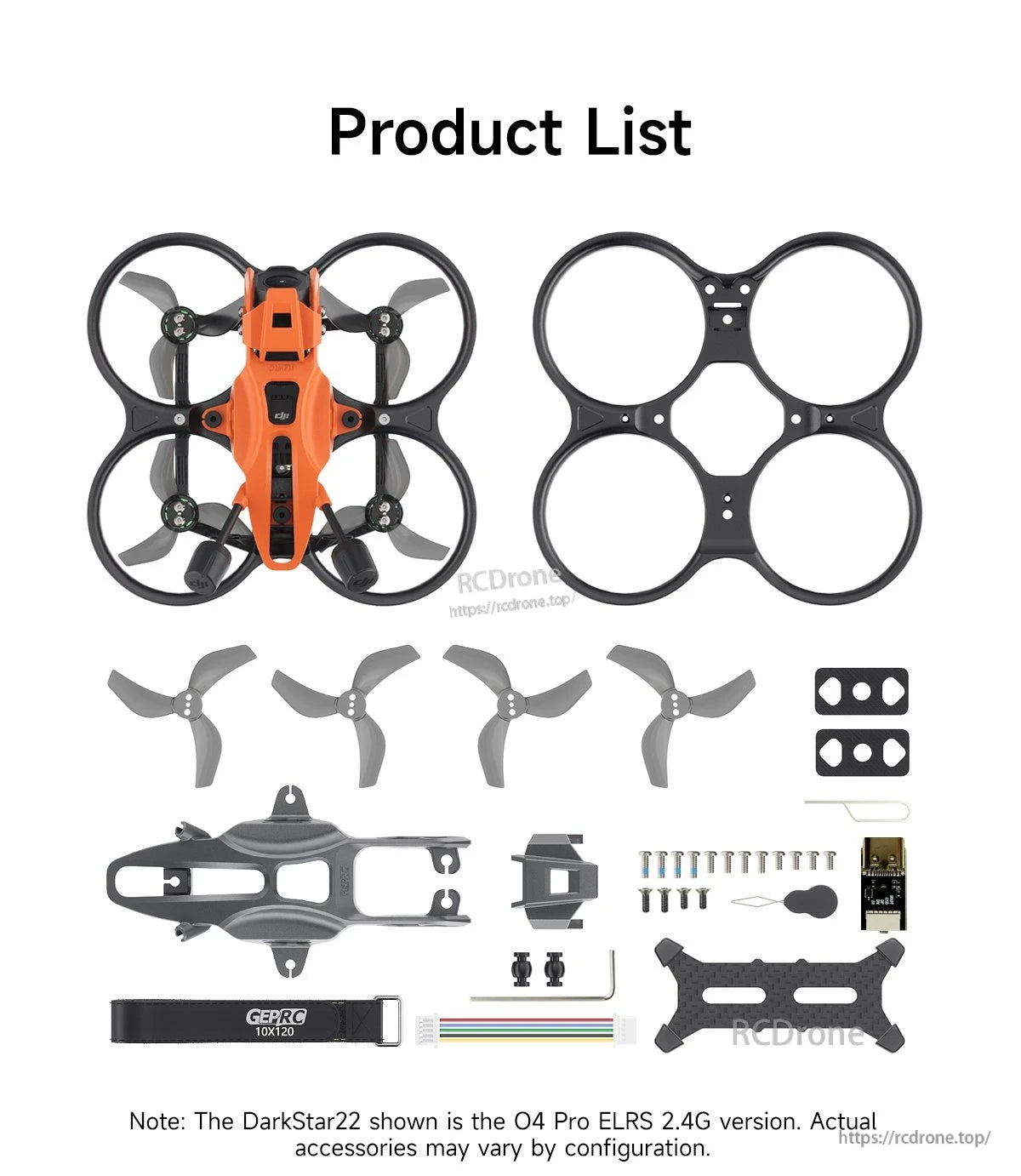 GEPRC DarkStar22 O4 Pro CineWhoop FPV, DarkStar22 O4 Pro ELRS 2.4G FPV drone kit includes frame, props, straps, screws, and accessories; configurations may vary.