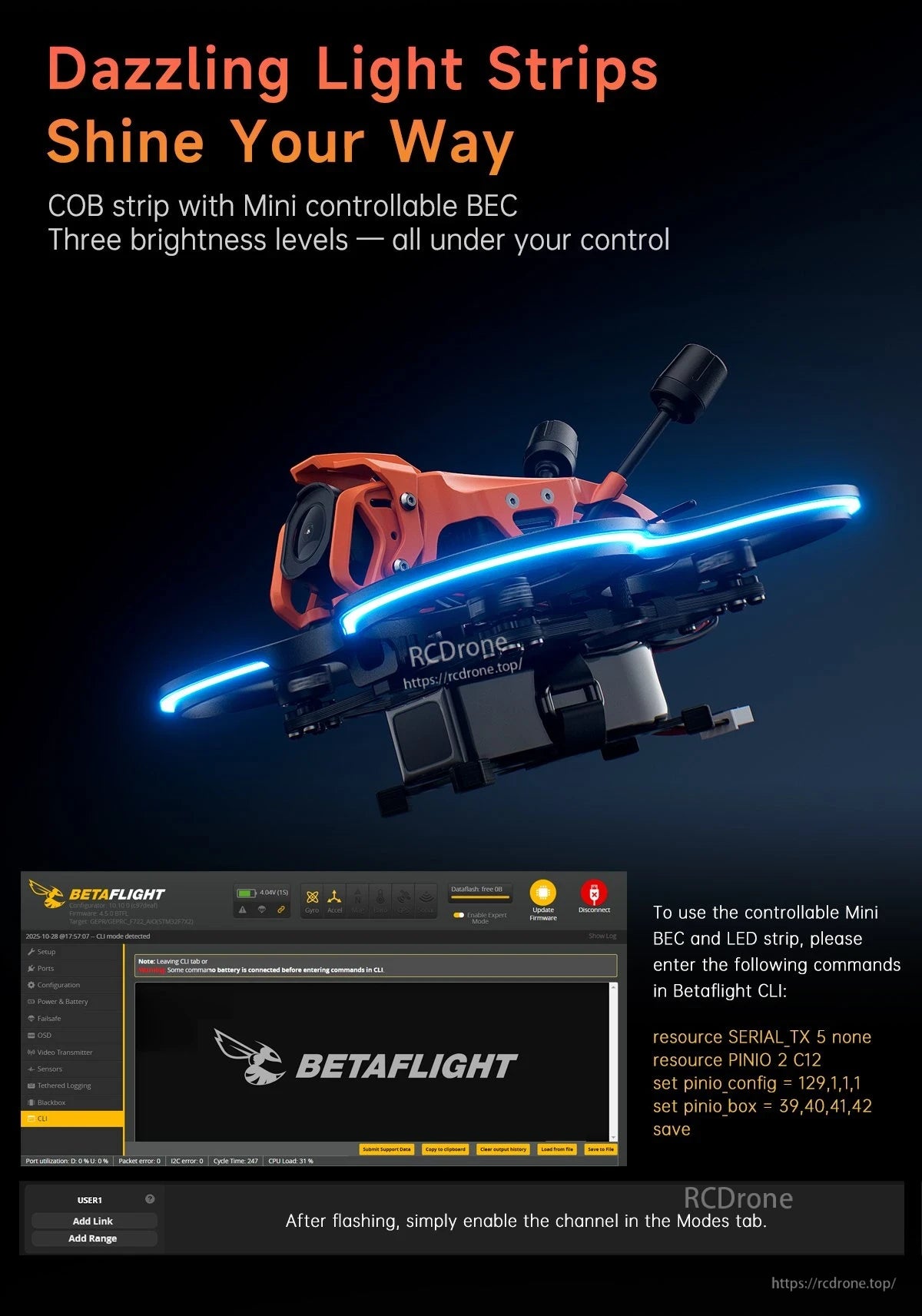 GEPRC DarkStar22 O4 Pro CineWhoop FPV, LED strips with Mini BEC offer three brightness levels; setup via Betaflight CLI and Modes tab after flashing.