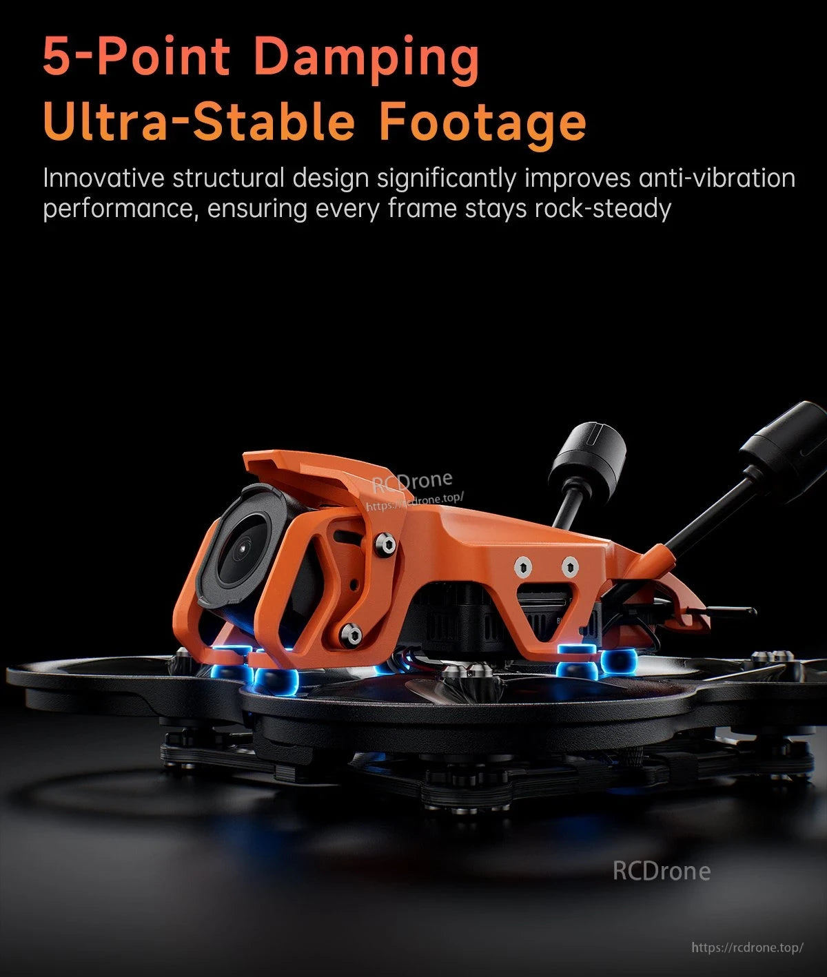 GEPRC DarkStar22 O4 Pro CineWhoop FPV, 5-Point Damping ensures ultra-stable footage with anti-vibration design.