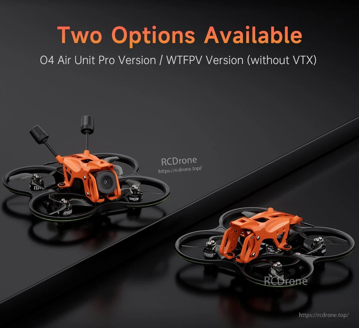 GEPRC DarkStar22 WTFPV, Two drone versions: O4 Air Unit Pro and WTFPV (no VTX), featuring orange frames, black propellers, and sleek design.