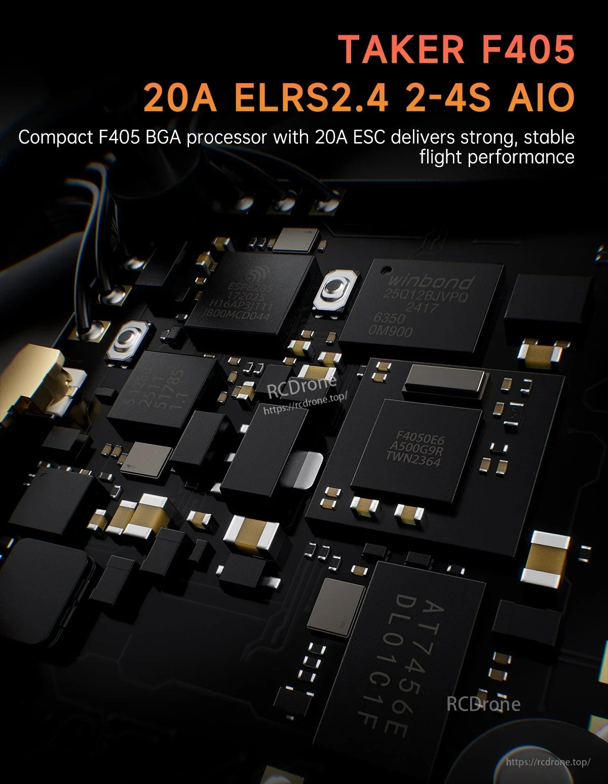 GEPRC DarkStar22 WTFPV, TAKER F405 with 20A ESC offers stable flight, compact BGA design, ELRS2.4 support, and compatibility with 2–4S AIO systems for efficient, reliable drone operation.
