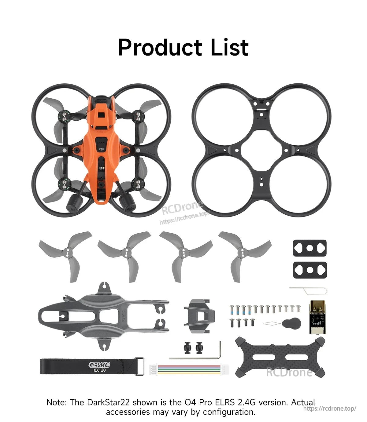GEPRC DarkStar22 WTFPV, DarkStar22 O4 Pro ELRS 2.4G drone kit includes propellers, frame parts, straps, screws, and accessories; configurations may vary.