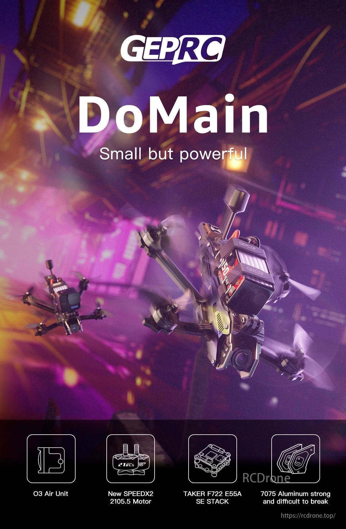 GEPRC Domain4.2 Freestyle Drone, GEPRC DoMain: Compact FPV drone with O3 Air Unit, SPEEDX2 Motor, TAKER Stack, and 7075 Aluminum frame.