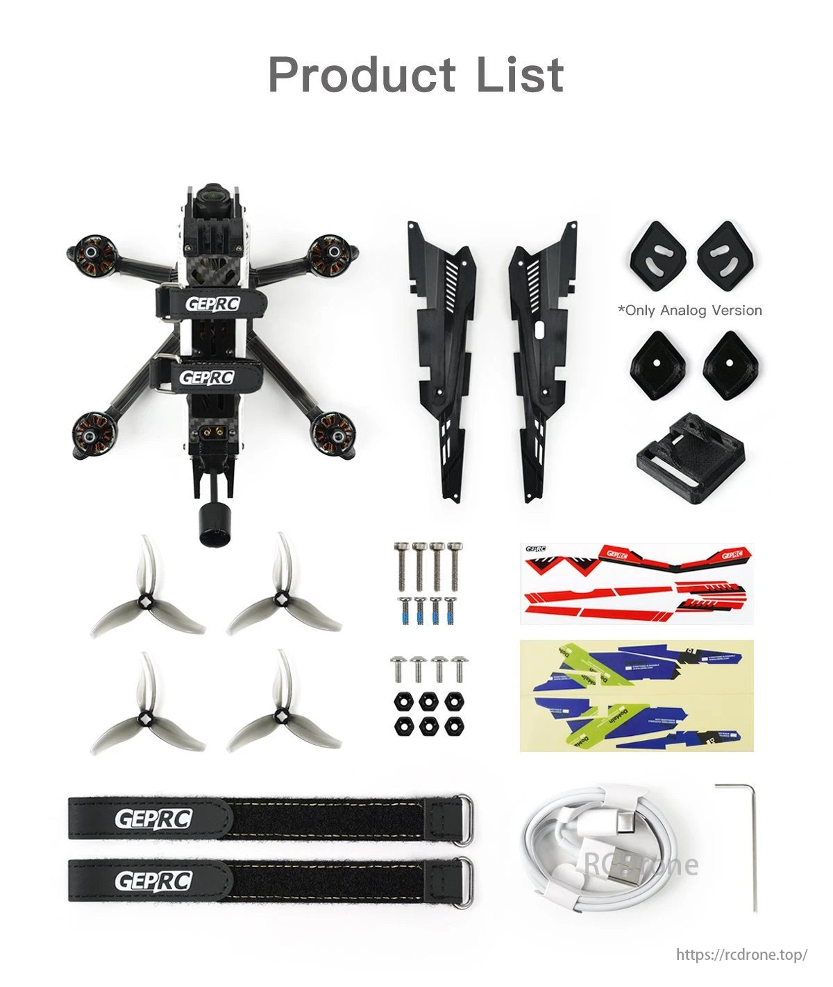GEPRC Domain4.2 Freestyle Drone, GEPRC DoMain4.2 Analog FPV drone product list, including parts and accessories.