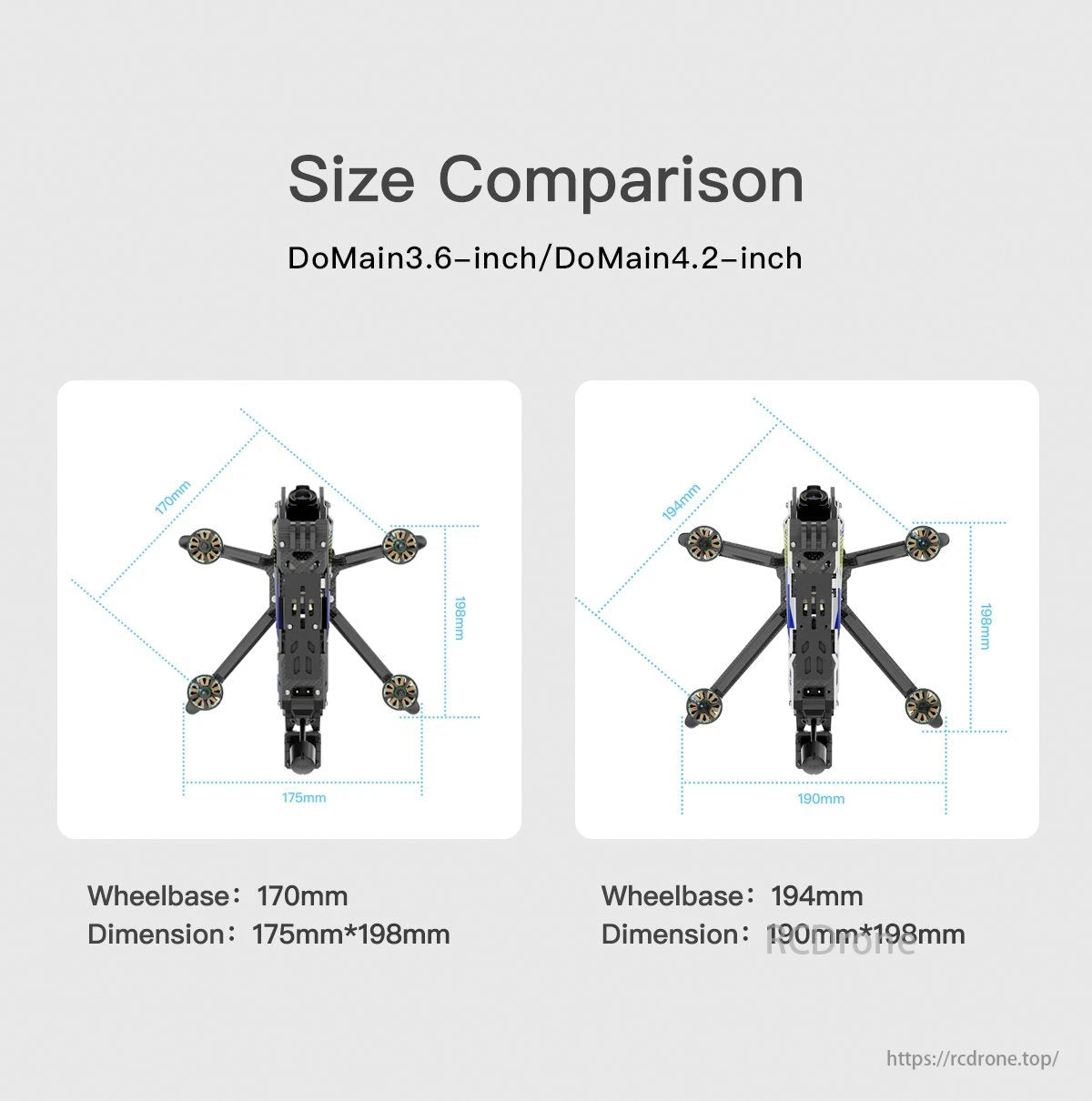 GEPRC Domain4.2 Freestyle Drone, DoMain3.6-inch vs DoMain4.2-inch drones: 170mm/175mm x 198mm vs 194mm/190mm x 198mm in size, wheelbase, and dimensions.