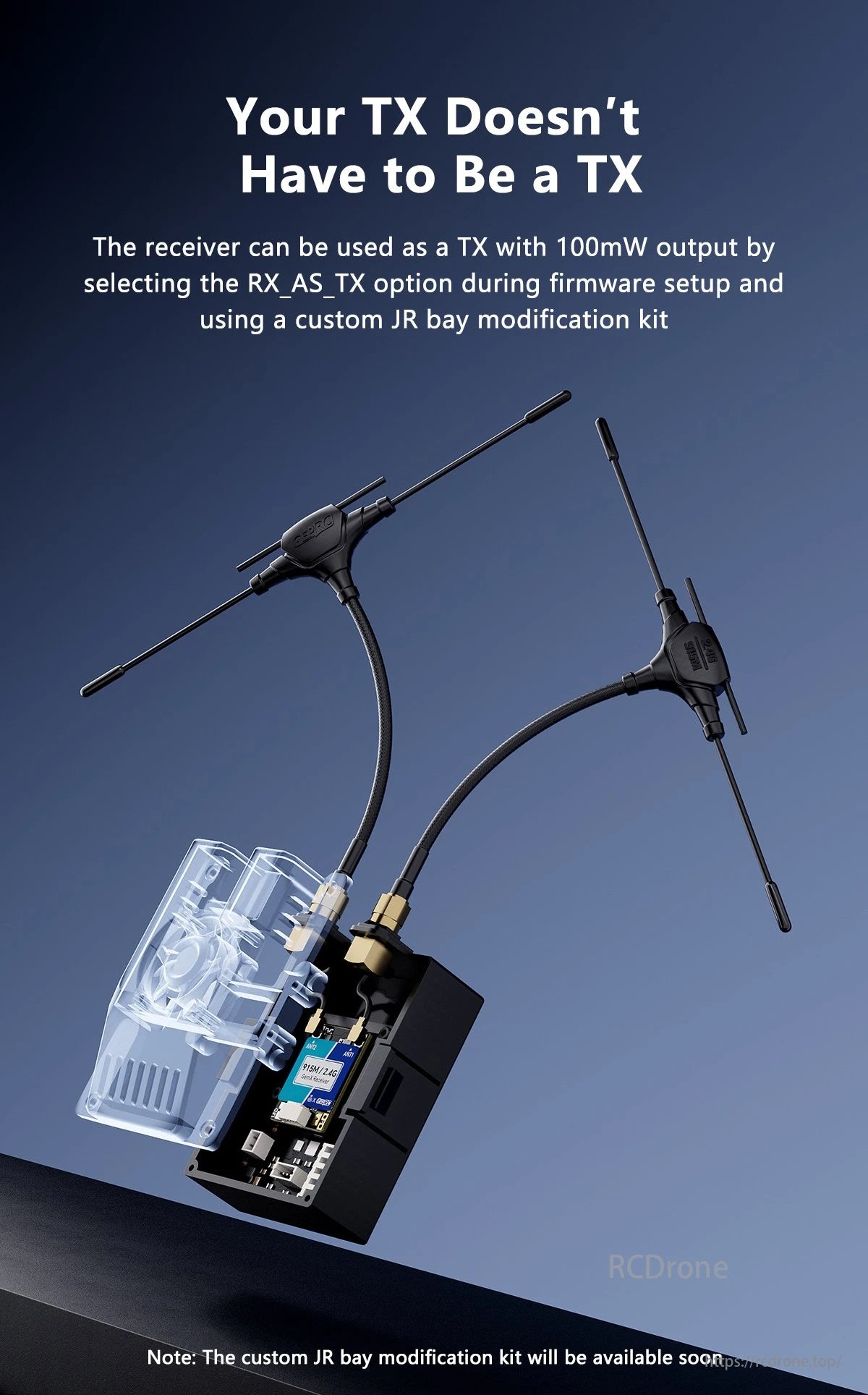 GEPRC ELRS 915M/2.4G Gemini Xrossband Receiver, GEPRC ELRS receiver can act as a 100mW TX with RX_AS_TX firmware and JR bay mod kit (coming soon).