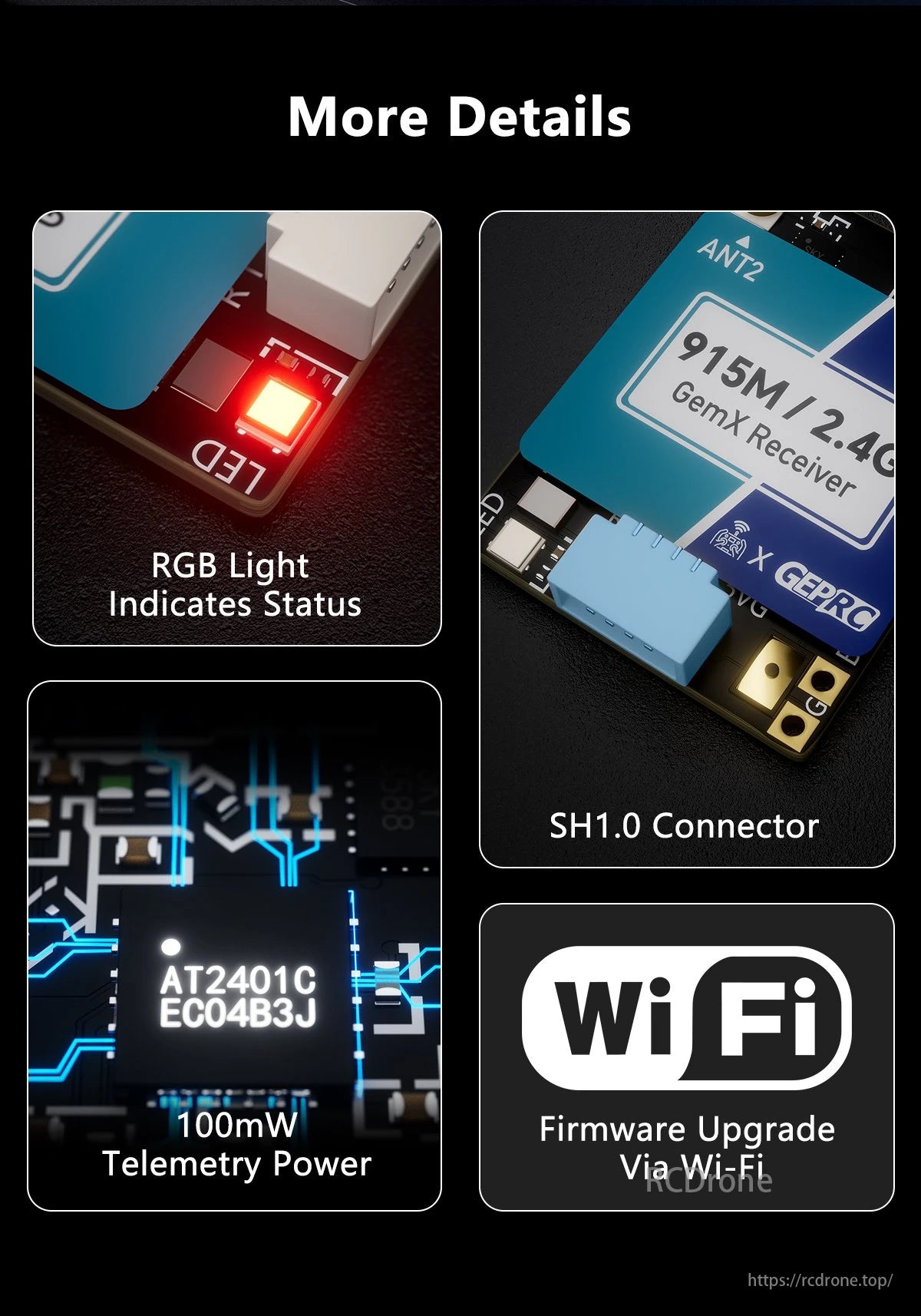 GEPRC ELRS 915M/2.4G Gemini Xrossband Receiver, GEPRC ELRS 915M/2.4G receiver with RGB light, SH1.0 connector, 100mW telemetry, and Wi-Fi firmware upgrade for crossband operation.