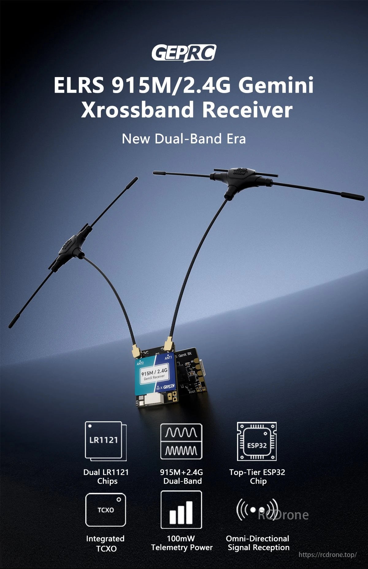 GEPRC ELRS 915M/2.4G Gemini Xrossband Receiver features dual LR1121 chips, ESP32, TCXO, 100mW telemetry, and omni-directional reception, heralding a new dual-band era.