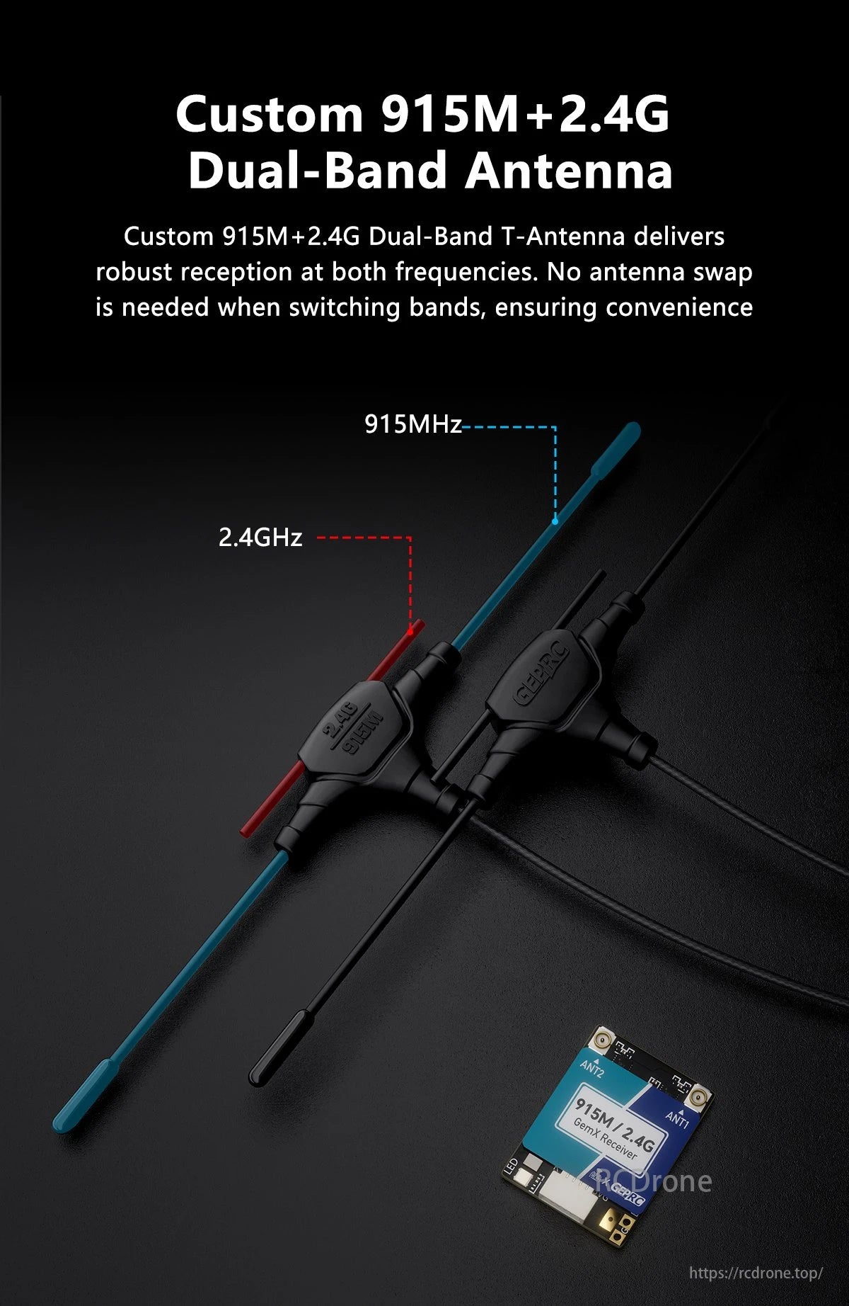GEPRC ELRS 915M/2.4G Gemini Xrossband Receiver, The Custom 915M+2.4G Dual-Band Antenna provides robust reception at both frequencies without swapping antennas.