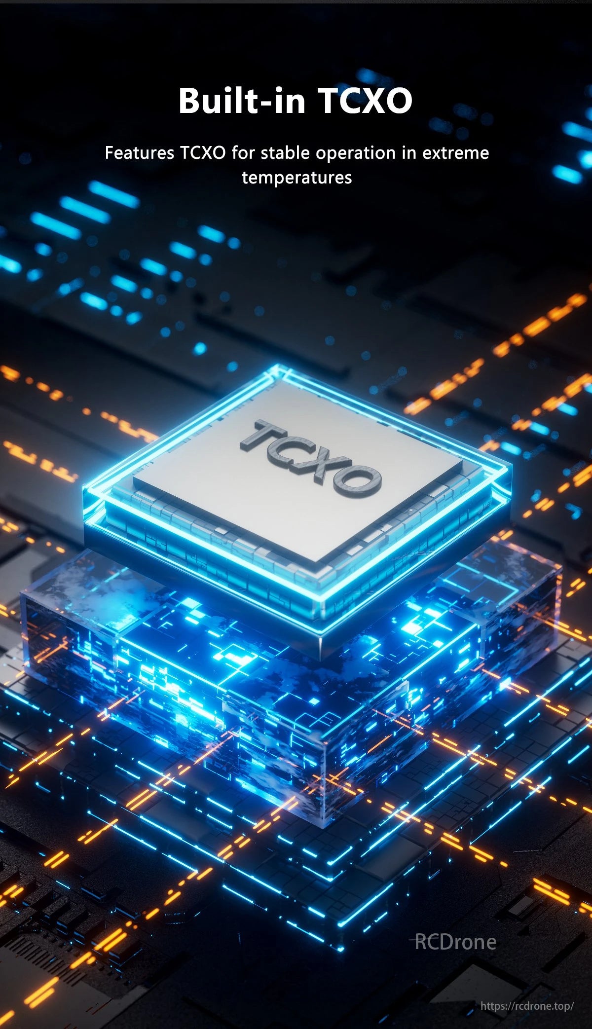 GEPRC ELRS 915M/2.4G Gemini Xrossband Receiver, The TCXO provides stable and accurate performance across extreme temperatures, ensuring reliable operation.