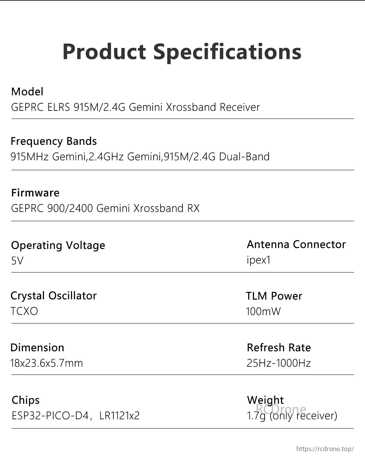 GEPRC ELRS 915M/2.4G Gemini Xrossband Receiver specs include dual-band frequencies, firmware, and dimensions.