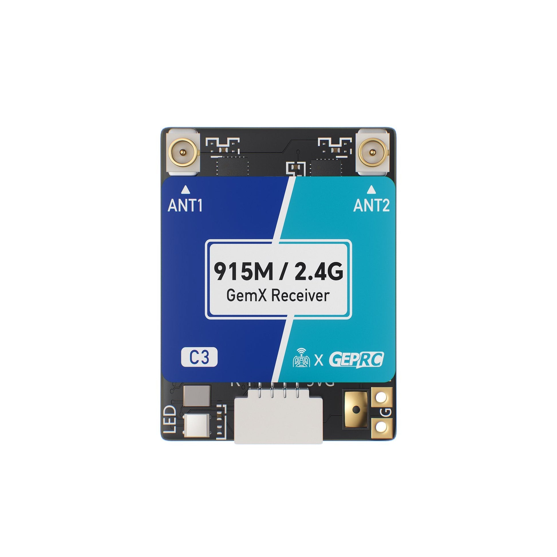 GEPRC ELRS 915M/2.4G C3 Gemini Xrossband Receiver, GEPRC GemX C3 ELRS 915M/2.4G receiver board with dual u.FL antenna ports labeled ANT1 and ANT2