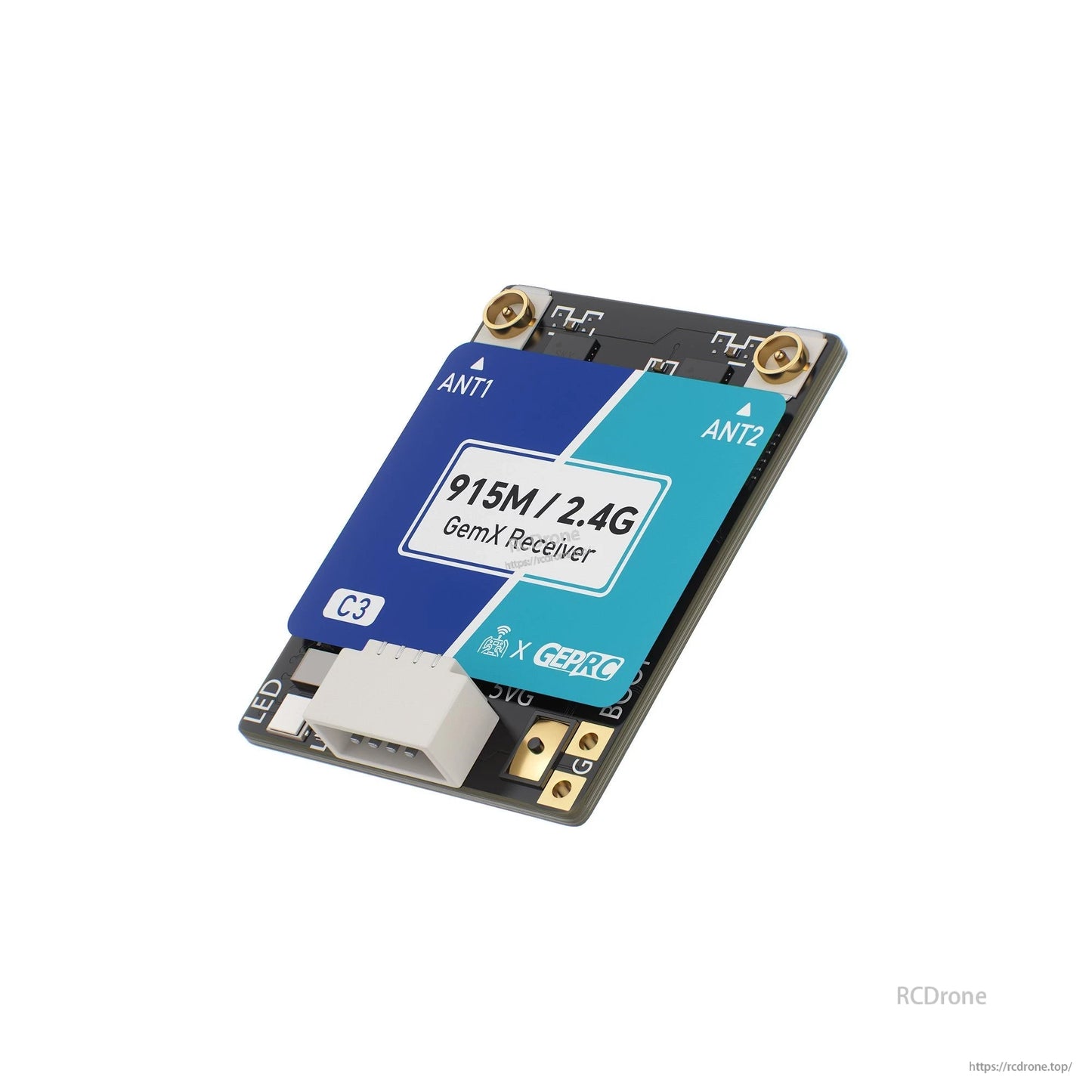 GEPRC ELRS 915M/2.4G C3 Gemini Xrossband Receiver, GEPRC 915M/2.4G GemX receiver board with dual ANT1/ANT2 u.FL antenna connectors and white plug socket