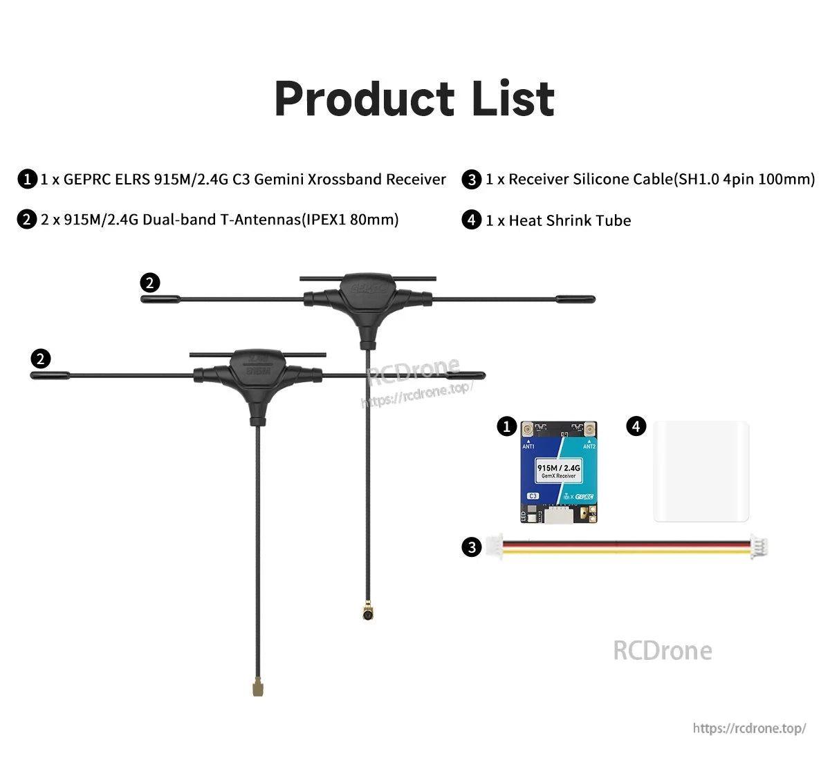 GEPRC ELRS 915M/2.4G C3 Gemini Xrossband Receiver, GEPRC ELRS C3 Gemini Xrossband receiver kit with two dual-band T-antennas, 4-pin cable, and heat shrink