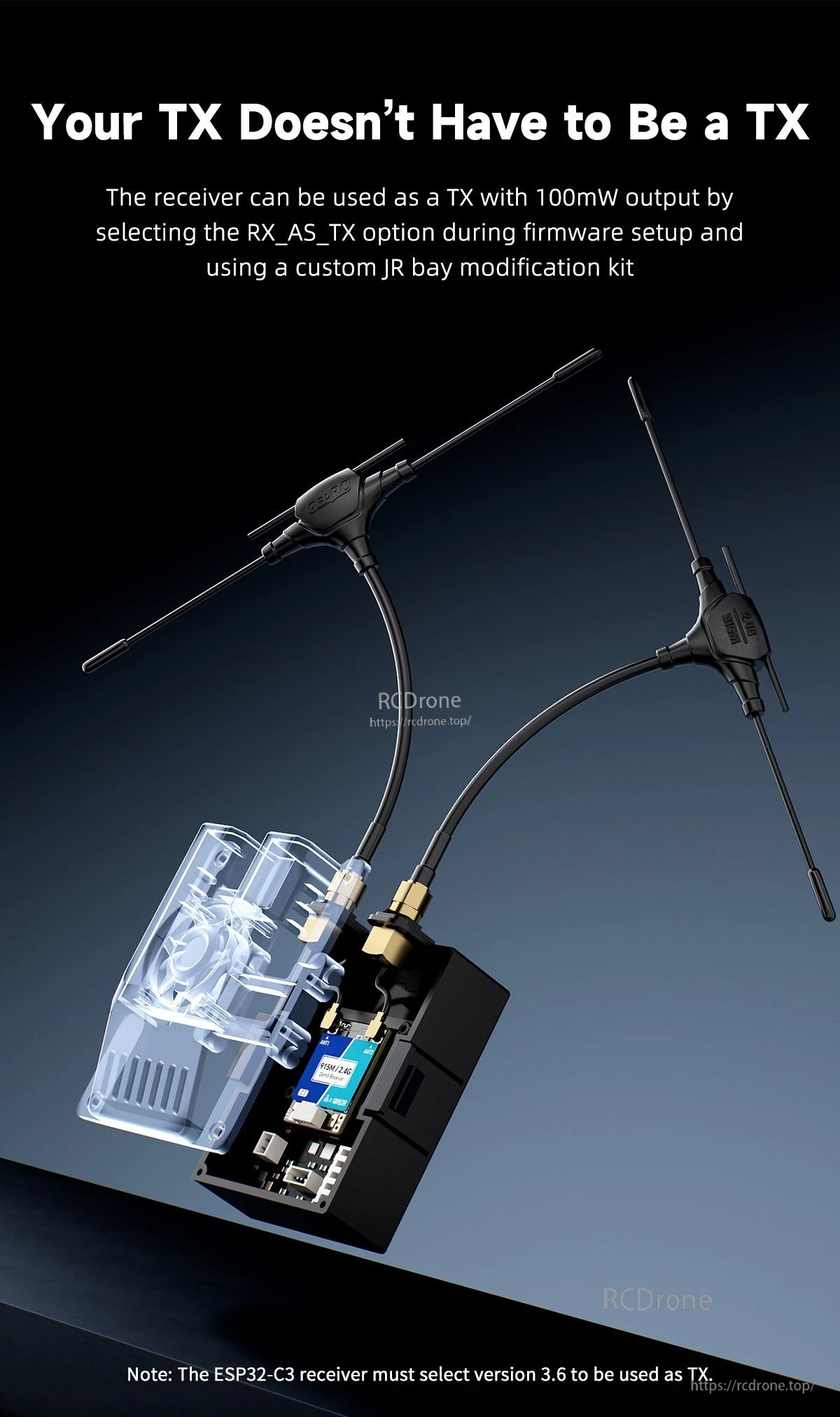 GEPRC ELRS 915M/2.4G C3 Gemini Xrossband Receiver, GEPRC ELRS C3 Gemini crossband receiver module with dual antennas and RX_AS_TX 100mW option noted