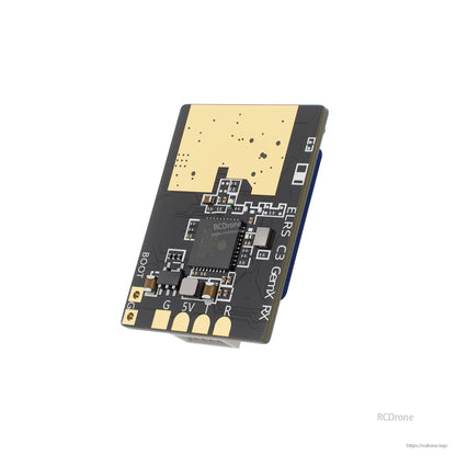 GEPRC ELRS 915M/2.4G C3 Gemini Xrossband Receiver, GEPRC ELRS C3 Gemini Xrossband receiver PCB with BOOT button and solder pads labeled G, 5V, T and R