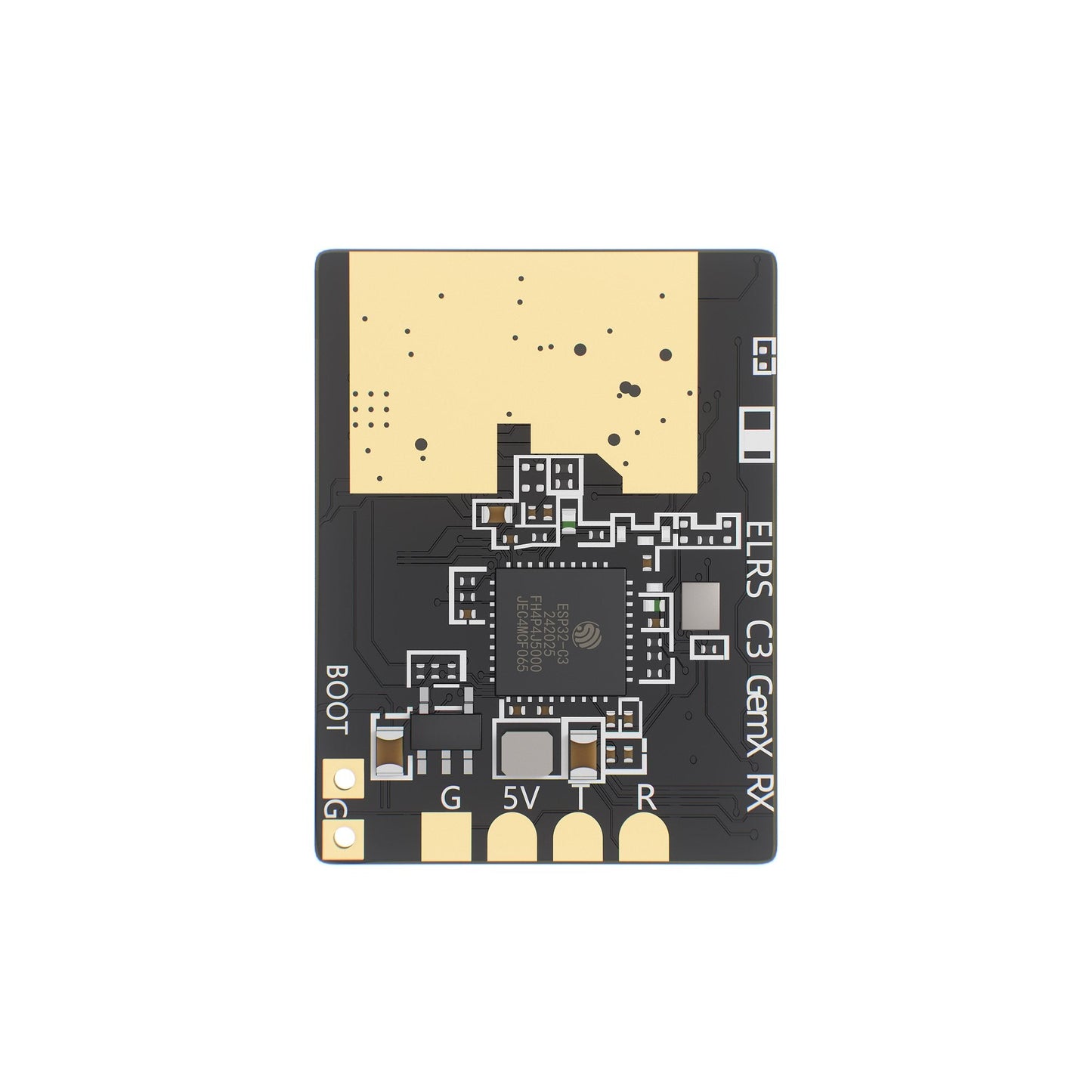 GEPRC ELRS 915M/2.4G C3 Gemini Xrossband Receiver, GEPRC ELRS C3 GemX RX receiver PCB with BOOT button, G/5V/T/R solder pads and RF antenna connector