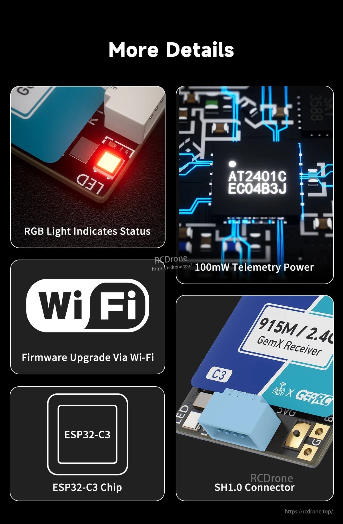 GEPRC ELRS 915M/2.4G C3 Gemini Xrossband Receiver, GEPRC ELRS C3 Gemini Xrossband receiver details showing RGB status LED, Wi‑Fi update, ESP32‑C3 chip, SH1.0 connector