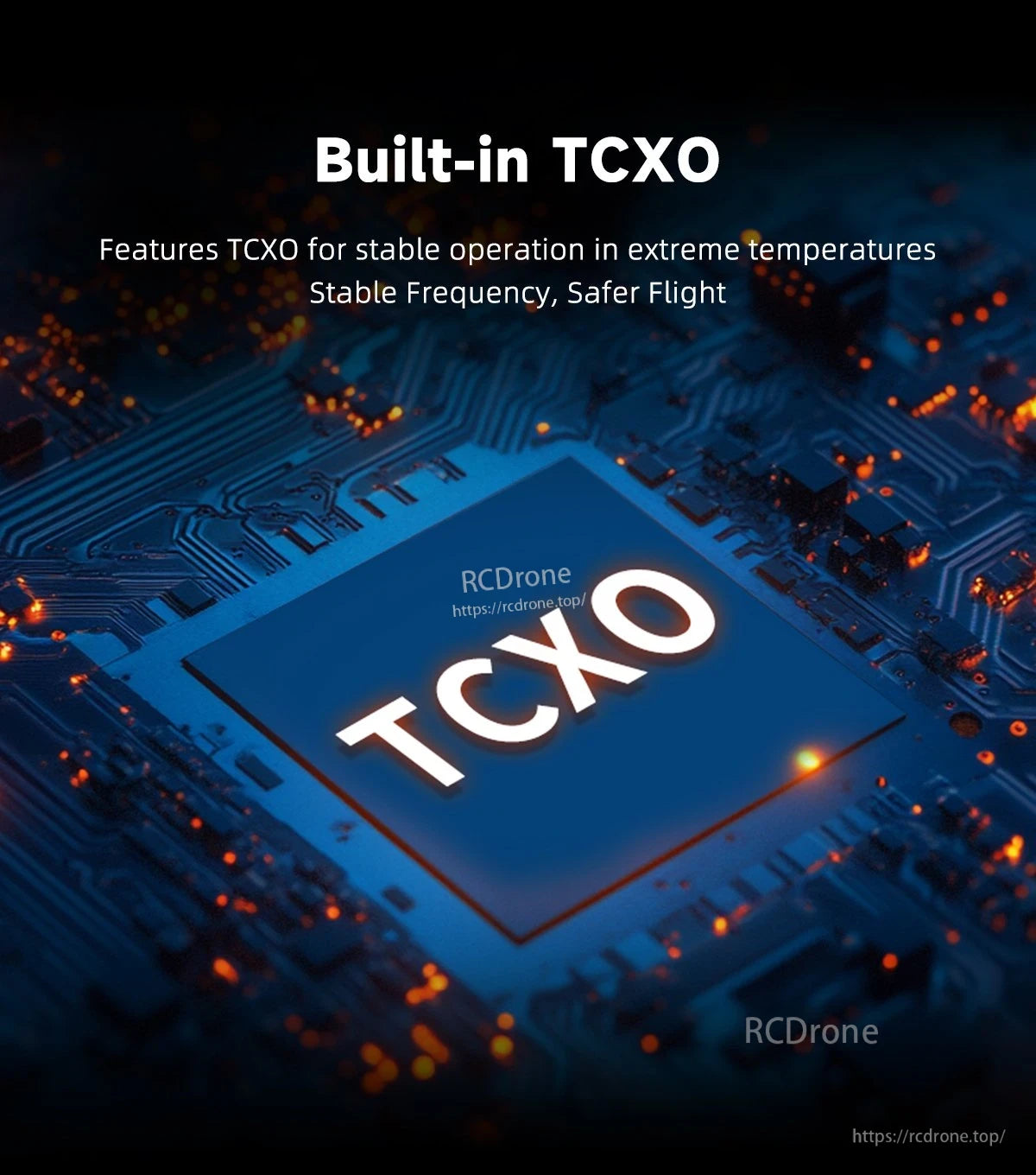 GEPRC ELRS 915M/2.4G C3 Gemini Xrossband Receiver, Graphic highlighting built-in TCXO feature for the GEPRC ELRS 915M/2.4G C3 receiver