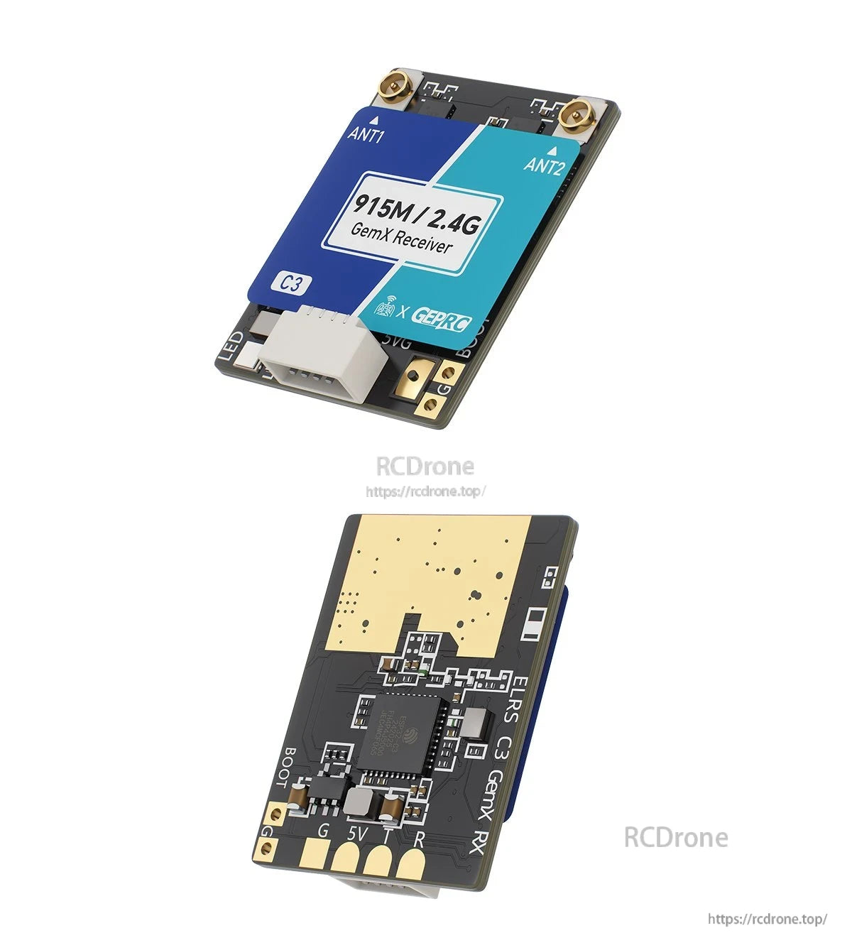 GEPRC ELRS 915M/2.4G C3 Gemini Xrossband Receiver, GEPRC ELRS C3 GemX 915M/2.4G receiver board with ANT1/ANT2 connectors, plug header, and G 5V T R pads