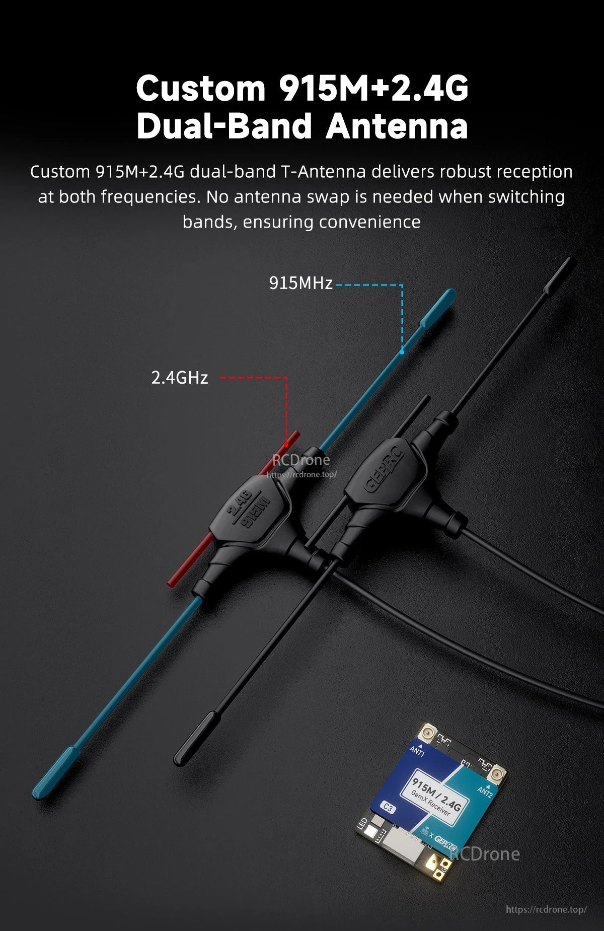 GEPRC ELRS 915M/2.4G C3 Gemini Xrossband Receiver, GEPRC ELRS C3 Gemini receiver with 915MHz + 2.4GHz dual-band T antennas and ANT1/ANT2 board