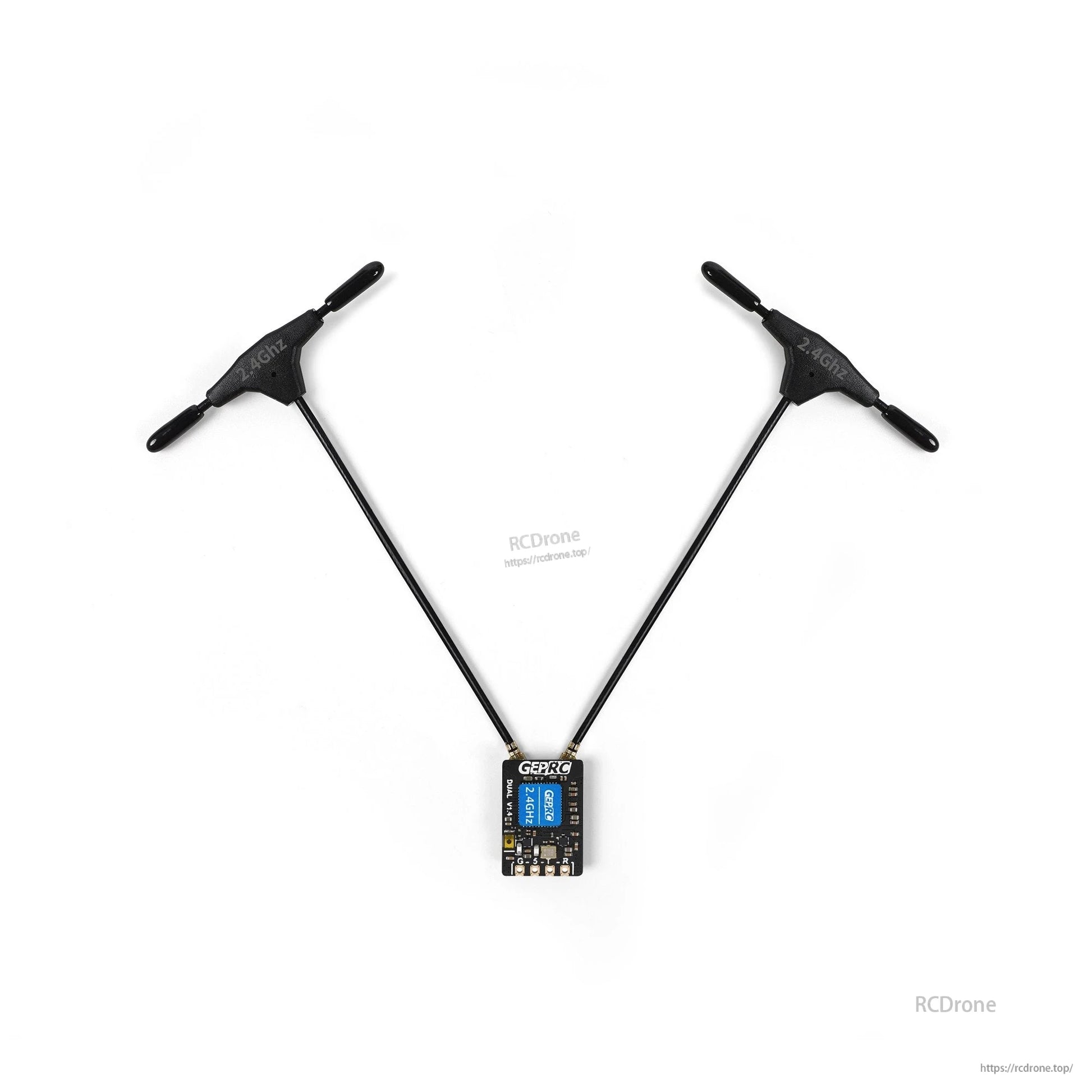 GEPRC ELRS DUAL 2.4G Diversity Receiver, GEPRC ELRS dual 2.4GHz diversity receiver board with two long antennas labeled 2.4GHz