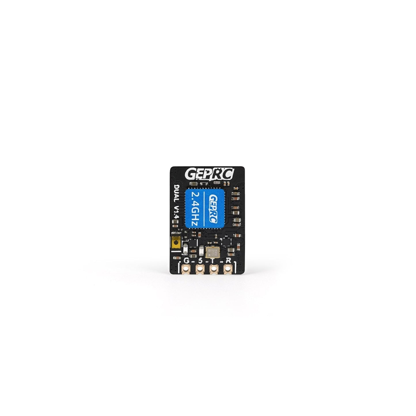 GEPRC ELRS DUAL 2.4G Diversity Receiver, GEPRC Dual 2.4GHz diversity receiver PCB with GEPRC module and labeled G, 5V, T, R solder pads
