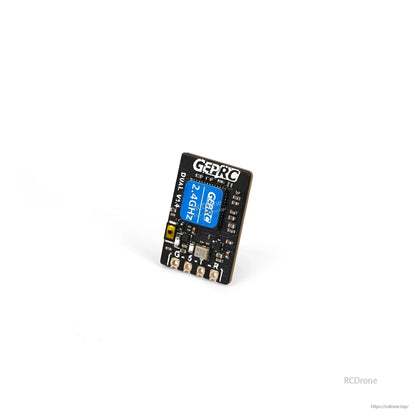 GEPRC ELRS dual 2.4G diversity receiver board with 2.4GHz module label and labeled solder pads
