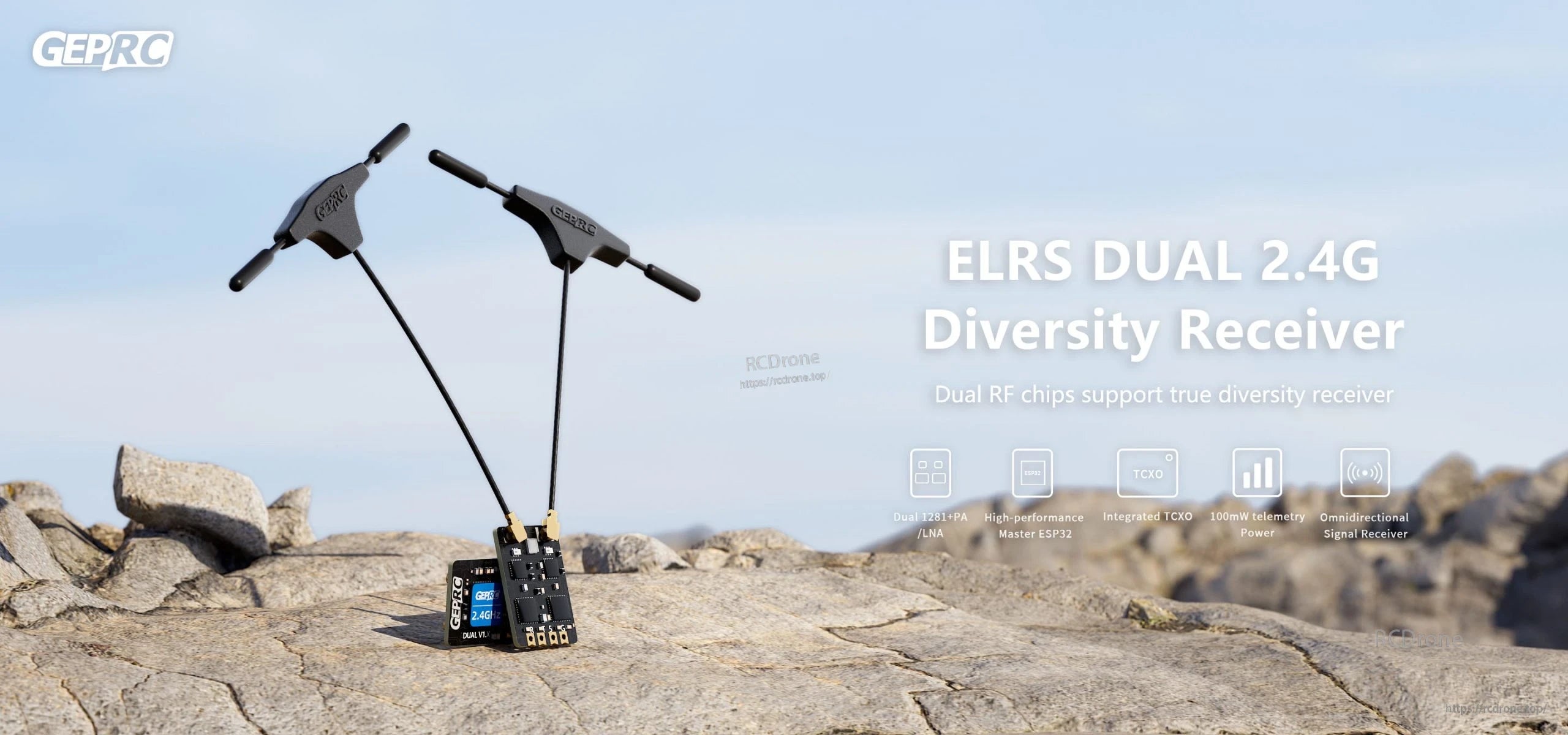 GEPRC ELRS Dual 2.4G diversity receiver board with two long antennas and solder pads for RC setup