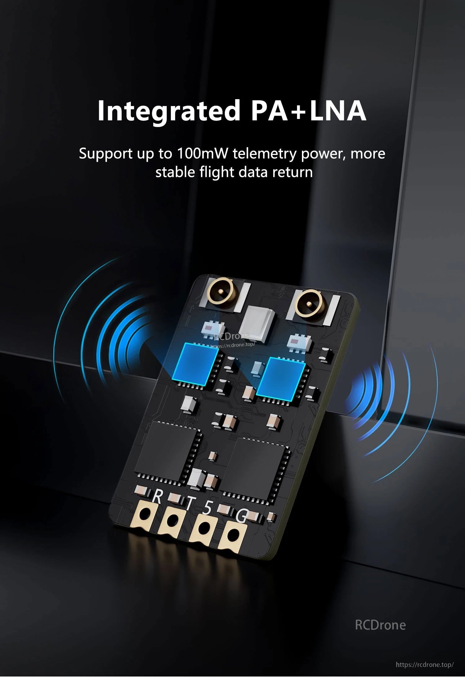 GEPRC ELRS Dual 2.4G diversity receiver PCB with dual antenna connectors and R/T/5V/G pads